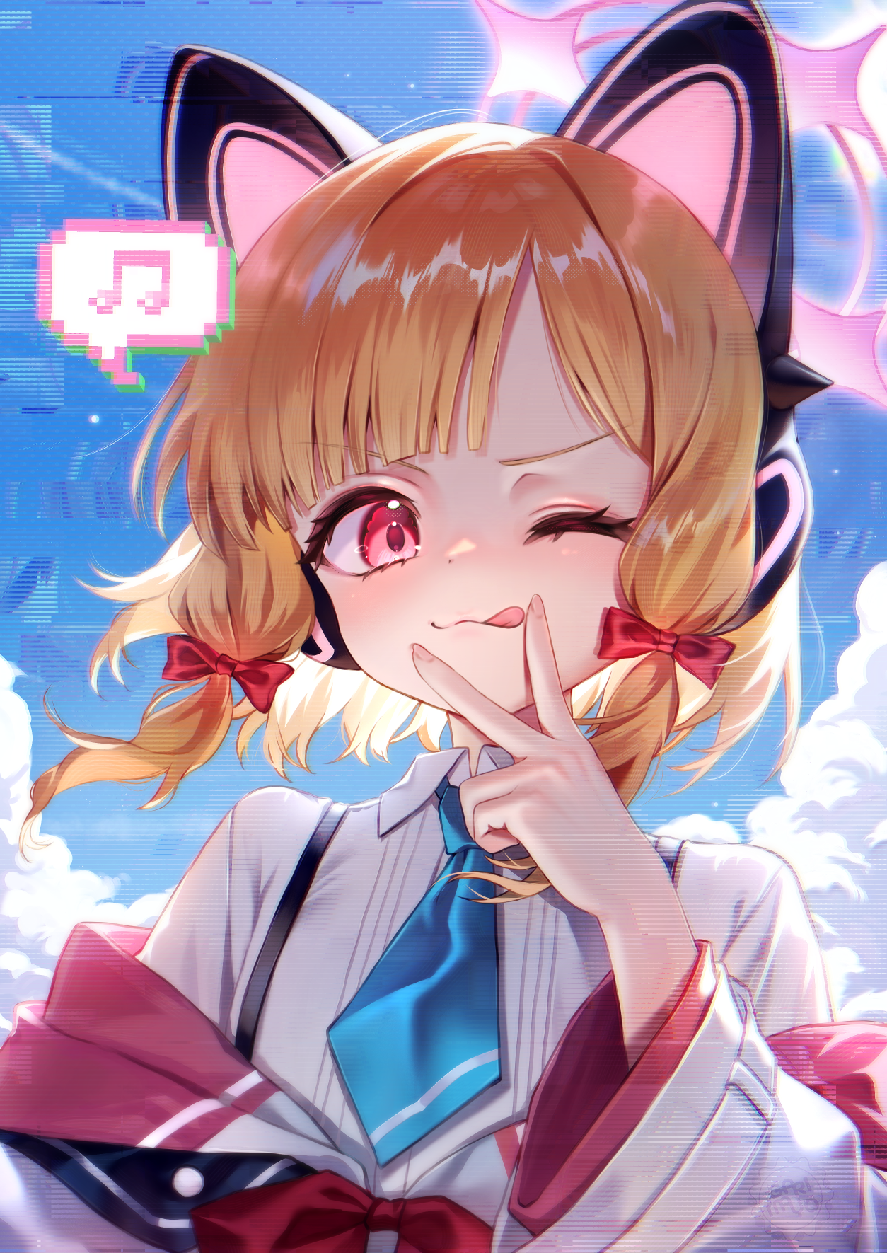 garimayo, momoi (blue archive), blue archive, commentary request, highres, 1girl, animal ear headphones, animal ears, blue necktie, bow, cat ear headphones, closed mouth, collared shirt, distortion, fake animal ears, fingernails, hair bow, hand up, headphones, jacket, long sleeves, looking at viewer, low twintails, medium hair, musical note, necktie, off shoulder, one eye closed, orange hair, parted bangs, red bow, red eyes, shirt, solo, speech bubble, spoken musical note, tongue, tongue out, twintails, upper body, v, v over mouth, white jacket, white shirt, wide sleeves, wing collar