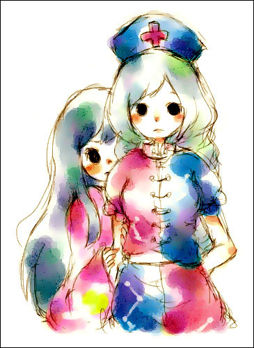 mana (artist), houraisan kaguya, yagokoro eirin, touhou, lowres, 2girls, female focus, hat, long hair, multiple girls