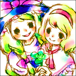 mana (artist), alice margatroid, kirisame marisa, touhou, lowres, 2girls, :d, blonde hair, blush, brown eyes, capelet, clover, female focus, frills, hairband, hat, looking at viewer, multiple girls, open mouth, simple background, smile, white background, witch hat