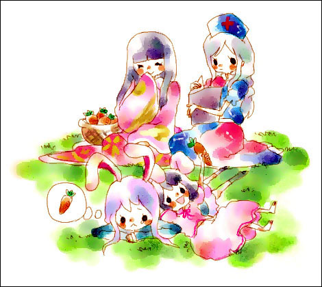 mana (artist), houraisan kaguya, inaba tewi, reisen udongein inaba, yagokoro eirin, touhou, lowres, 4girls, animal ears, female focus, multiple girls, outdoors, plant, rabbit ears