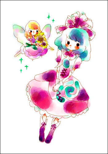 mana (artist), kagiyama hina, sunflower fairy (touhou), touhou, lowres, 1girl, blush, brown eyes, cross-laced clothes, dress, female focus, front ponytail, green hair, looking at viewer, own hands together, puffy short sleeves, puffy sleeves, red dress, short hair, short sleeves, simple background, solo, v arms, white background