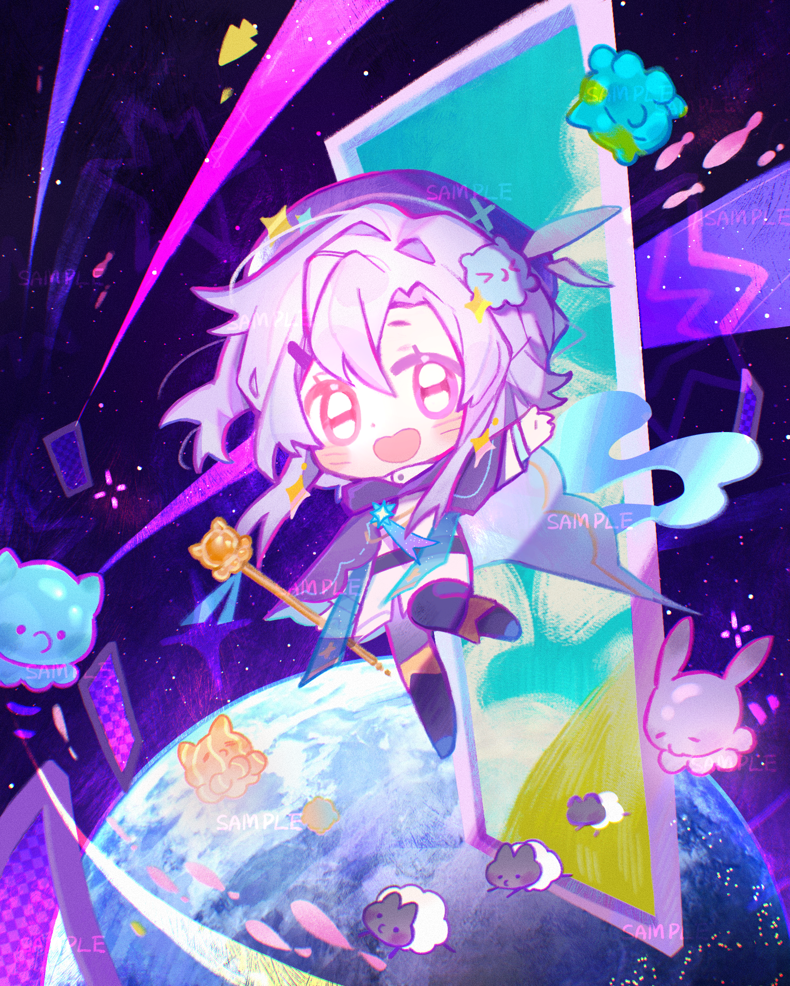 original, highres, 1girl, :d, bai yang zi, blue boots, blue hat, blue pants, blush stickers, boots, cape, chibi, chibi only, earth (planet), full body, hat, holding, holding wand, long sleeves, looking at viewer, open mouth, outdoors, pants, planet, purple cape, purple eyes, purple hair, shirt, short hair, skirt, smile, solo, space, wand, white shirt, white skirt