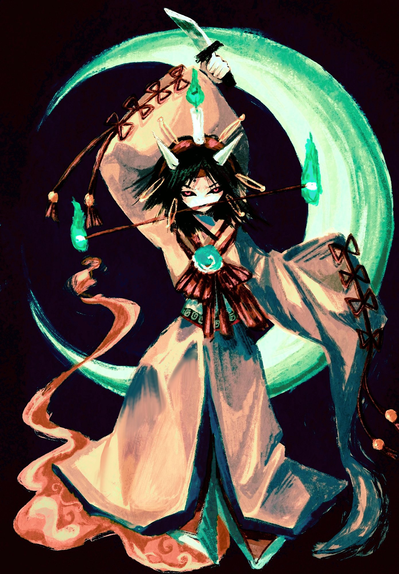 taira no chouki, len'en, highres, 1other, androgynous, arm up, black background, black hair, black sclera, blue fire, bow, bowtie, brown kimono, candle on head, colored sclera, crescent moon, dagger, demon horns, fake horns, fire, full body, ghost tail, hair ornament, hairband, hairpin, headband, holding, holding dagger, holding knife, holding weapon, horns, japanese clothes, kaninet, kimono, knife, long sleeves, medium hair, moon, mouth guard, multiple hairpins, other focus, red bow, red bowtie, red eyes, red hairband, red headband, red ribbon, ribbon, sleeve ribbon, solo, striped bow, striped bowtie, striped clothes, weapon, white horns, wide sleeves