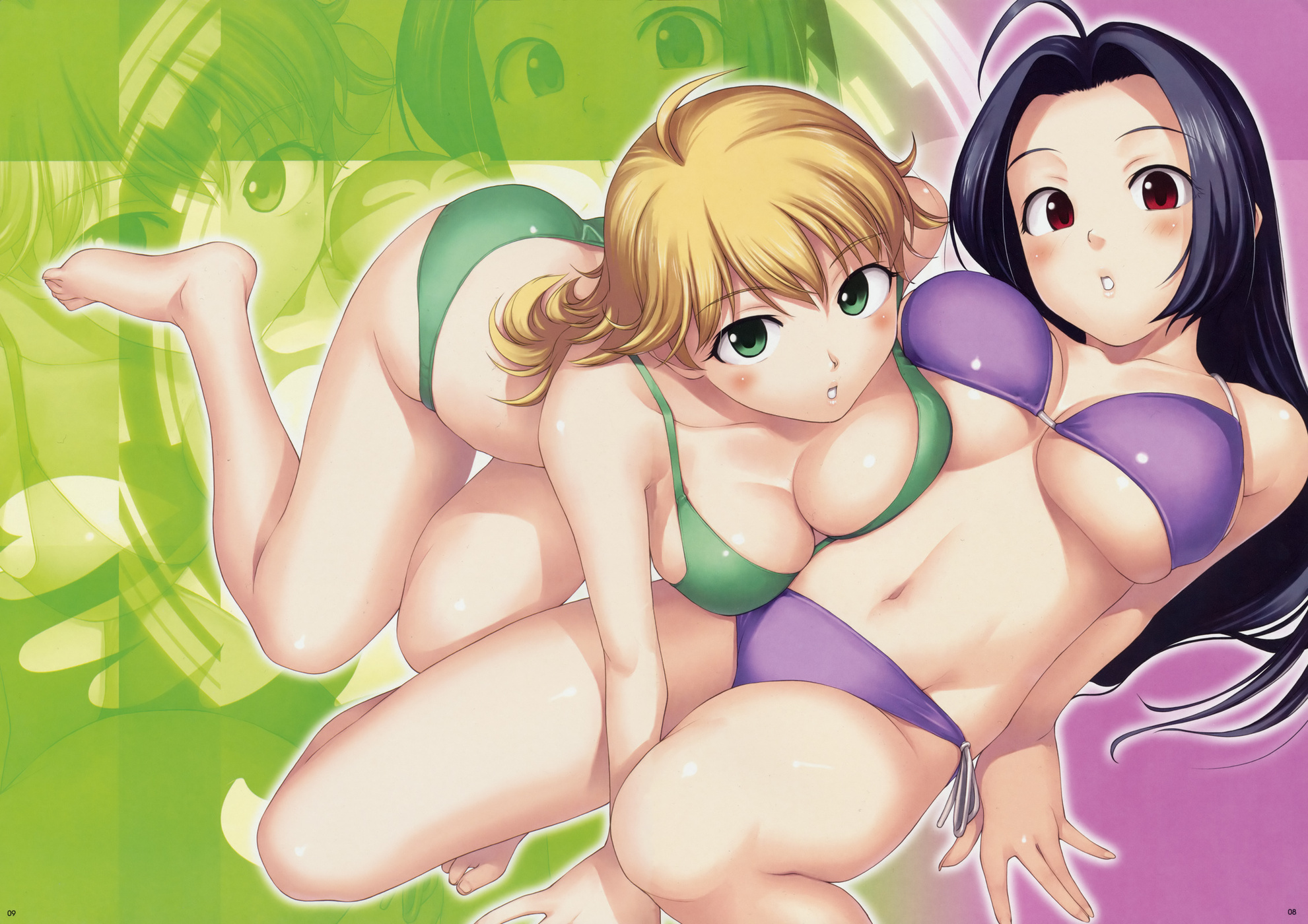 tanaka shoutarou, hoshii miki, miura azusa, idolmaster, idolmaster (classic), idolmaster 1, highres, 00s, 2girls, :o, ahoge, barefoot, bikini, blonde hair, breast press, breasts, green bikini, green eyes, large breasts, long hair, multiple girls, navel, parted lips, purple bikini, red eyes, swimsuit, underboob, zoom layer