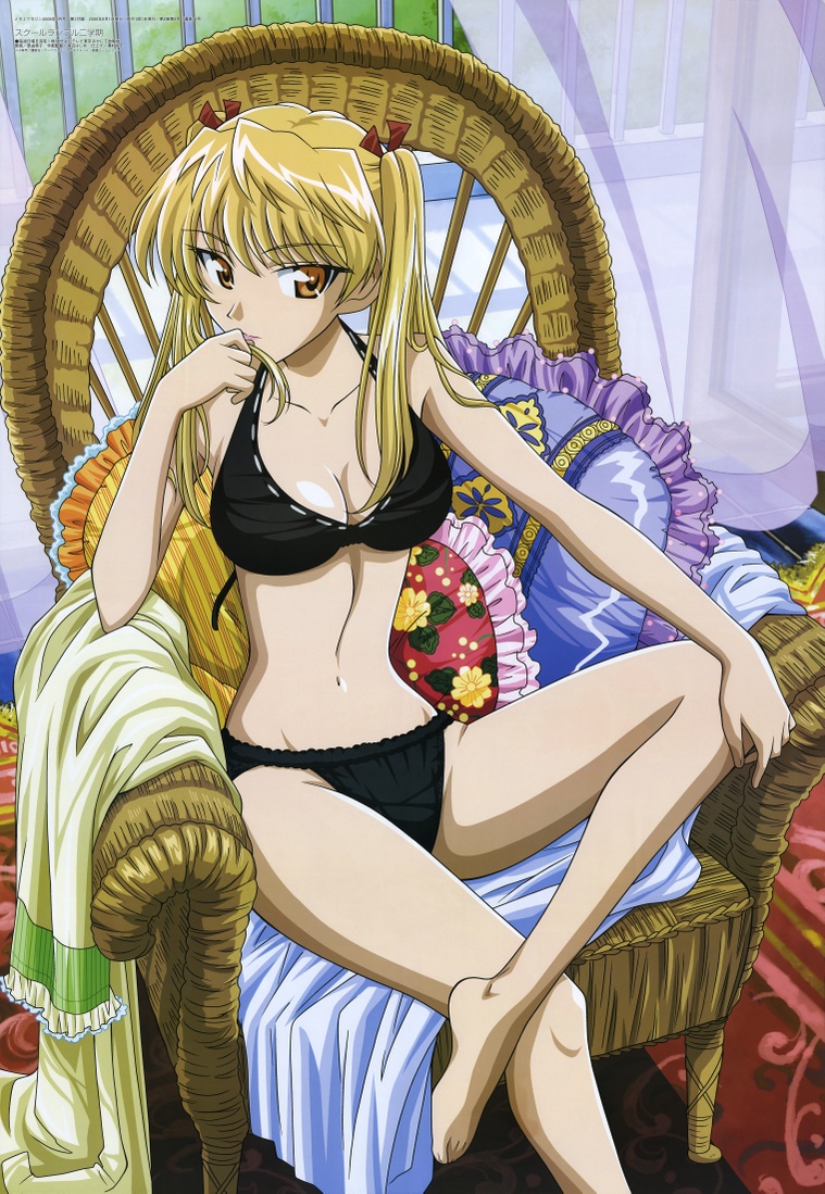 hara yumiko, wicker, sawachika eri, megami magazine, school rumble, official art, scan, 1girl, adjusting hair, barefoot, bikini, black bikini, black bra, blonde hair, breasts, chair, cleavage, crossed legs, curtains, feet, indoors, lipstick, long hair, looking at viewer, orange eyes, pillow, sitting, solo, swimsuit, twintails, wicker chair