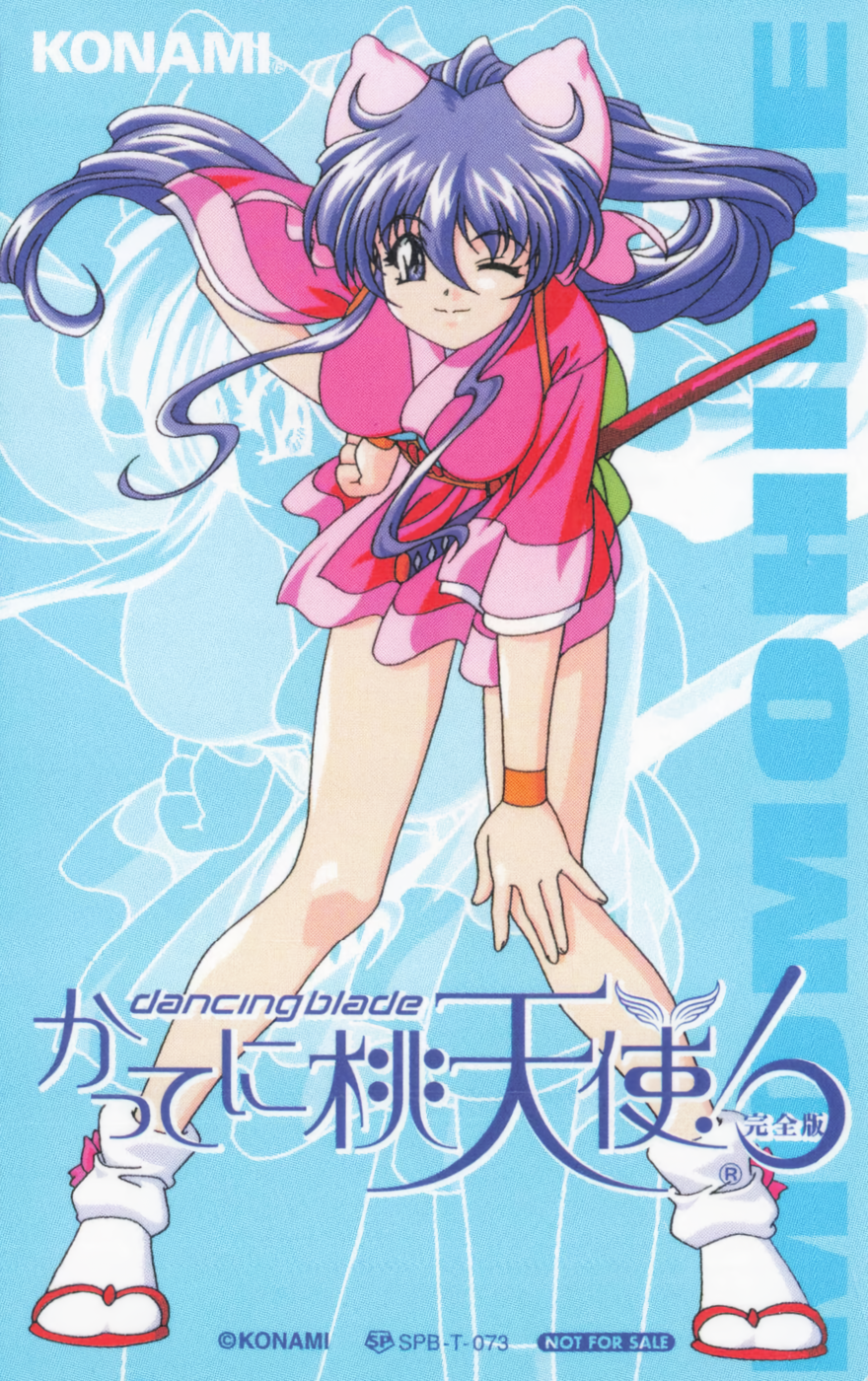 momohime (dancing blade), dancing blade, highres, non-web source, official art, scan, 1990s (style), 1girl, blue background, company name, copyright name, copyright notice, floating hair, hand on own hip, hand on own knee, high ponytail, japanese clothes, kimono, leaning forward, long hair, looking at viewer, not for sale, one eye closed, ponytail, purple eyes, purple hair, retro artstyle, sandals, sheath, sheathed, short sleeves, smile, solo, standing, wristband, yukata, zoom layer