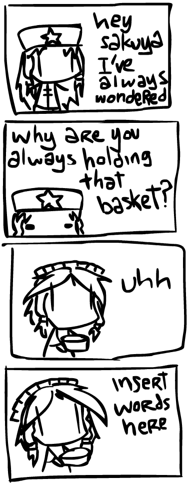 hong meiling, izayoi sakuya, embodiment of scarlet devil, touhou, walfas, 4koma, basket, comic, female focus, monochrome, white background, | |