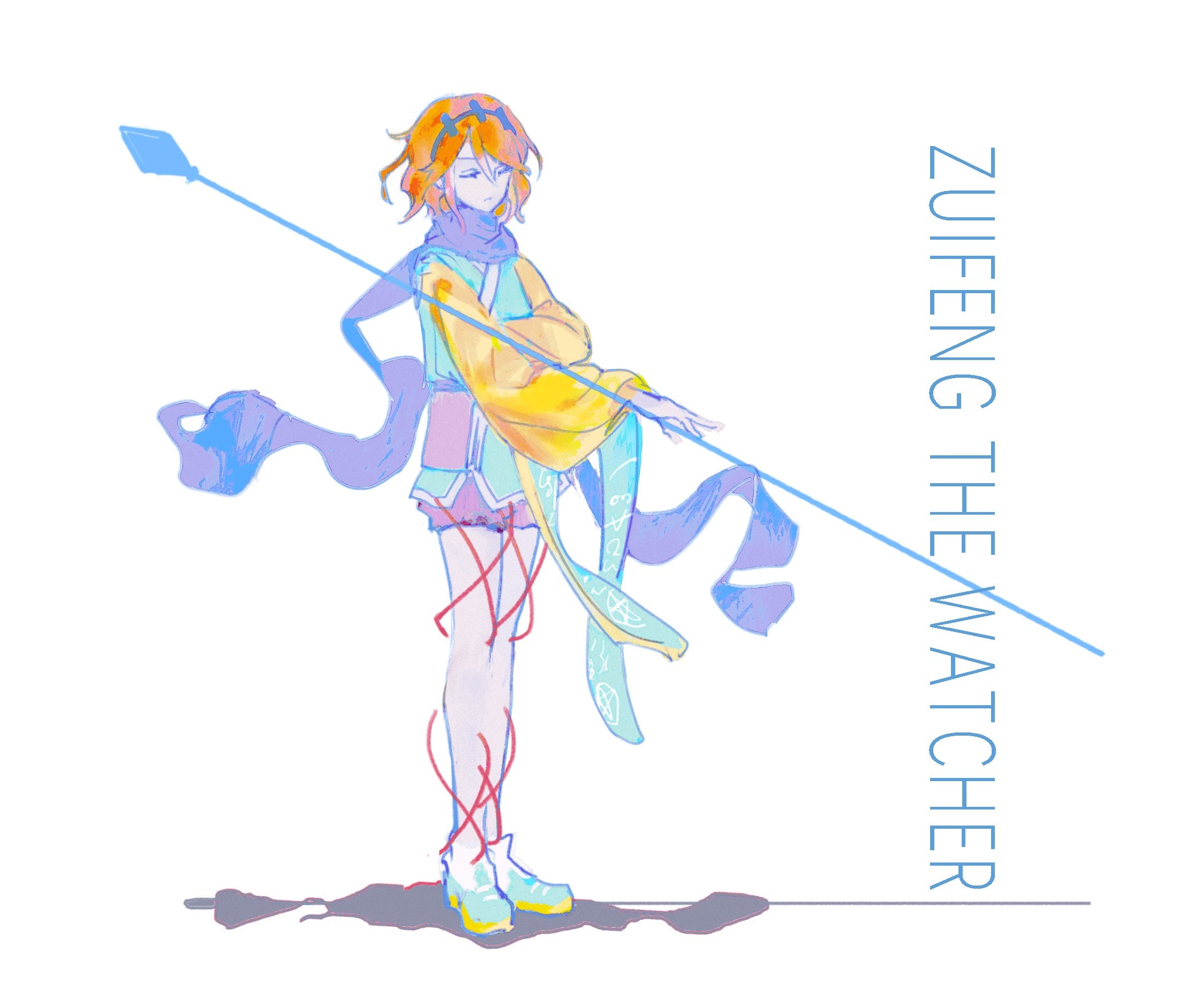 nami oto, the watcher (slay the spire), zuifeng tenkai, len'en, slay the spire, highres, 1other, androgynous, black eyes, black hairband, brown shorts, character name, closed mouth, expressionless, full body, green kimono, green shoes, hair rollers, hairband, half-closed eyes, hand on own arm, holding, holding polearm, holding weapon, japanese clothes, kimono, leg ribbon, long sleeves, looking ahead, medium hair, orange hair, other focus, parody, polearm, purple scarf, red ribbon, ribbon, scarf, shadow, shoes, short kimono, shorts, simple background, socks, solo, spear, standing, weapon, white background, white socks, wide sleeves, yellow sleeves