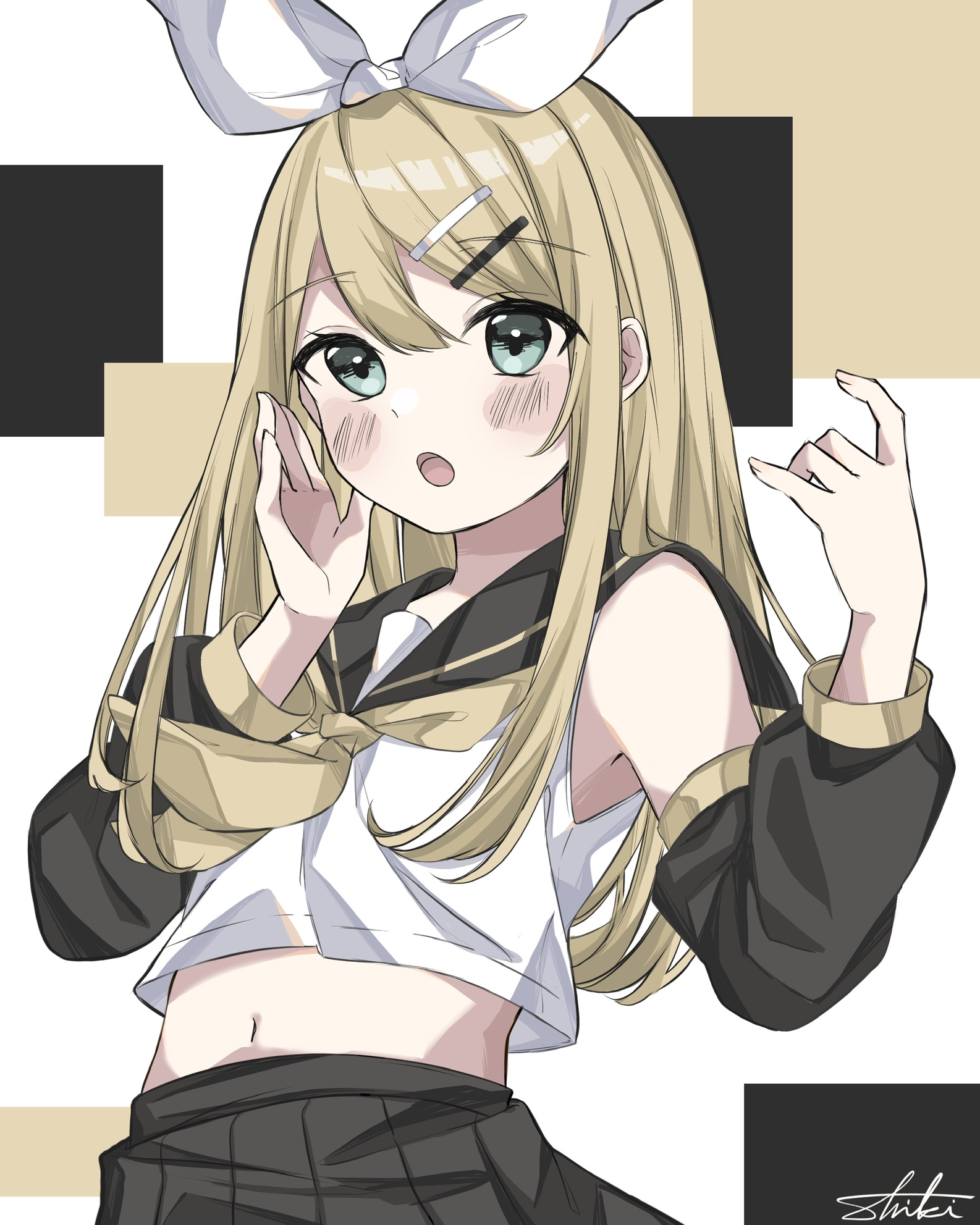 sk duki, kagamine rin, vocaloid, commentary request, highres, 1girl, :o, alternate hair length, alternate hairstyle, aqua eyes, black sailor collar, black skirt, black sleeves, blonde hair, bow, center-flap bangs, detached sleeves, double-parted bangs, fingernails, flat chest, hair between eyes, hair bow, hair ornament, hand on own cheek, hand on own face, hands up, high-waist skirt, long hair, long sleeves, looking ahead, looking at viewer, midriff, navel, neckerchief, open mouth, pleated skirt, puffy long sleeves, puffy sleeves, sailor collar, shirt, sidelocks, signature, simple background, skirt, sleeveless, sleeveless shirt, solo, straight hair, tongue, upper body, white background, white bow, white shirt, yellow neckerchief, yellow trim