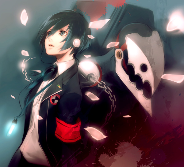 teddy (artist), thanatos (persona), yuuki makoto (persona 3), atlus, persona, persona 3, bad id, bad pixiv id, 1boy, armband, blue hair, chain, digital media player, digital walkman, headphones, male focus, school uniform, short hair, solo, walkman nw-s203f