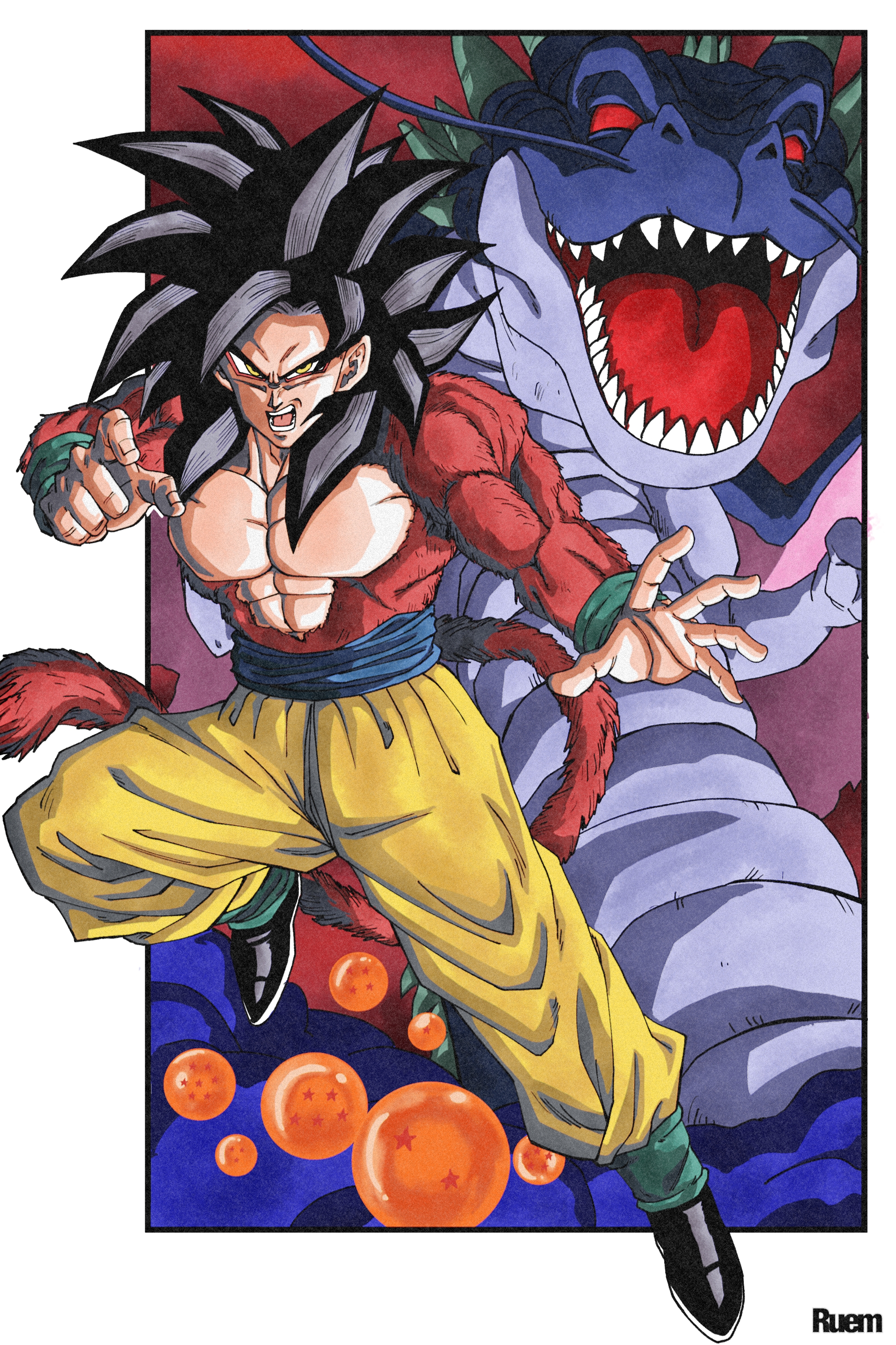 black smoke shenron, son goku, dragon ball, dragon ball gt, absurdres, highres, 1boy, black hair, blue sash, body fur, dougi, dragon, dragon ball (object), eastern dragon, horns, long hair, looking at viewer, male focus, monkey boy, monkey tail, muscular, muscular male, no nipples, open mouth, pants, pectorals, red eyes, red fur, ruemr03190 0, saiyan, sash, sharp teeth, spiked hair, super saiyan, super saiyan 4, tail, teeth, tongue, whiskers, yellow pants