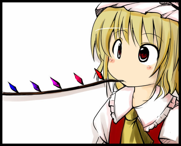 ruku (alicecreation), flandre scarlet, touhou, 1girl, blonde hair, blouse, collared shirt, female focus, hat, mob cap, shirt, short hair, solo, white hat, white shirt