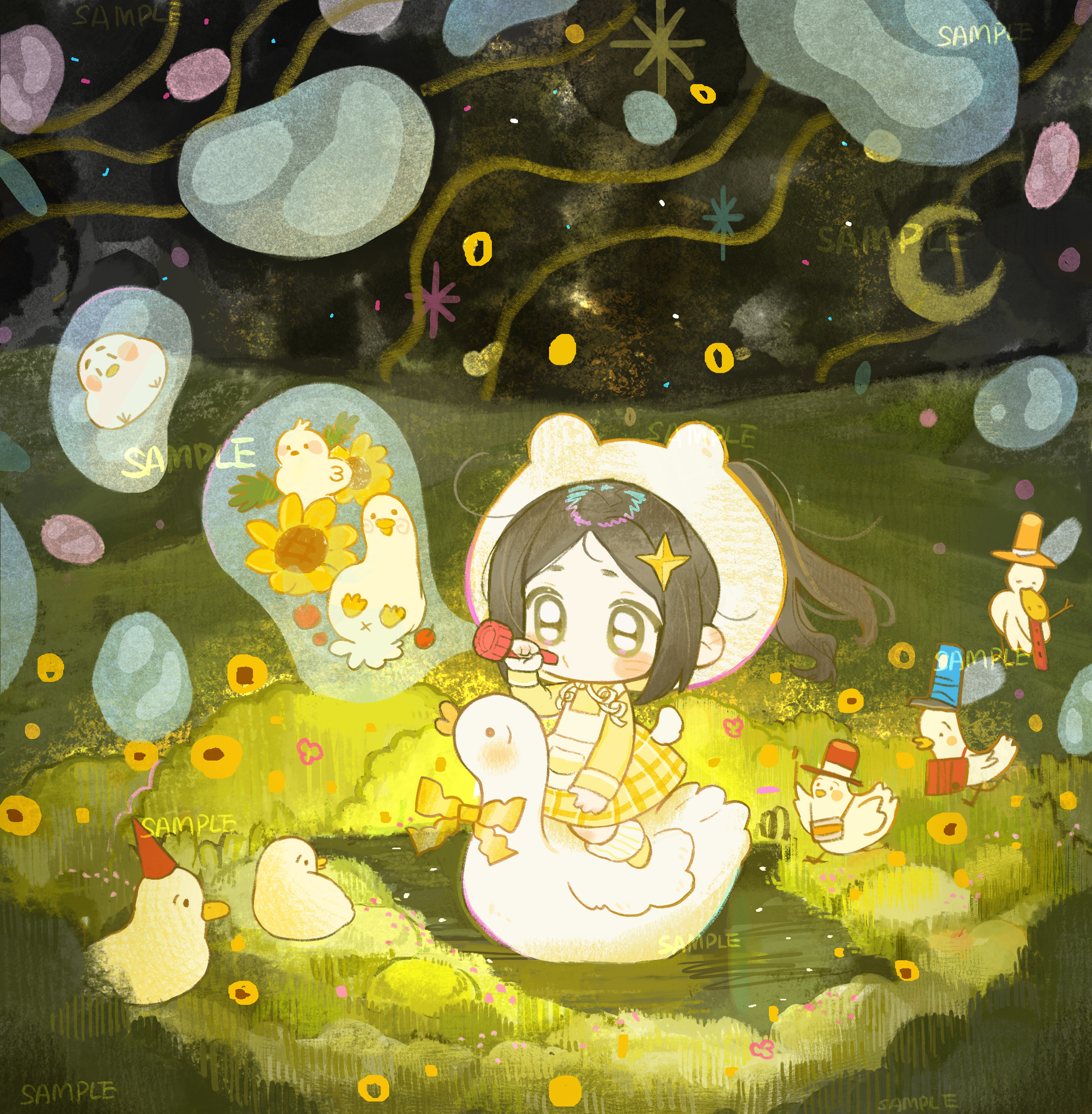 original, highres, 1girl, animal ear headwear, apron, bai yang zi, bird, black hair, blowing bubbles, blush stickers, bubble, chibi, chibi only, dress, duck, fake animal ears, flower, grass, green eyes, hair ornament, hat, long sleeves, night, outdoors, parted bangs, sample watermark, short hair, solo, star (symbol), star hair ornament, sunflower, watermark, white apron, white hat, yellow dress