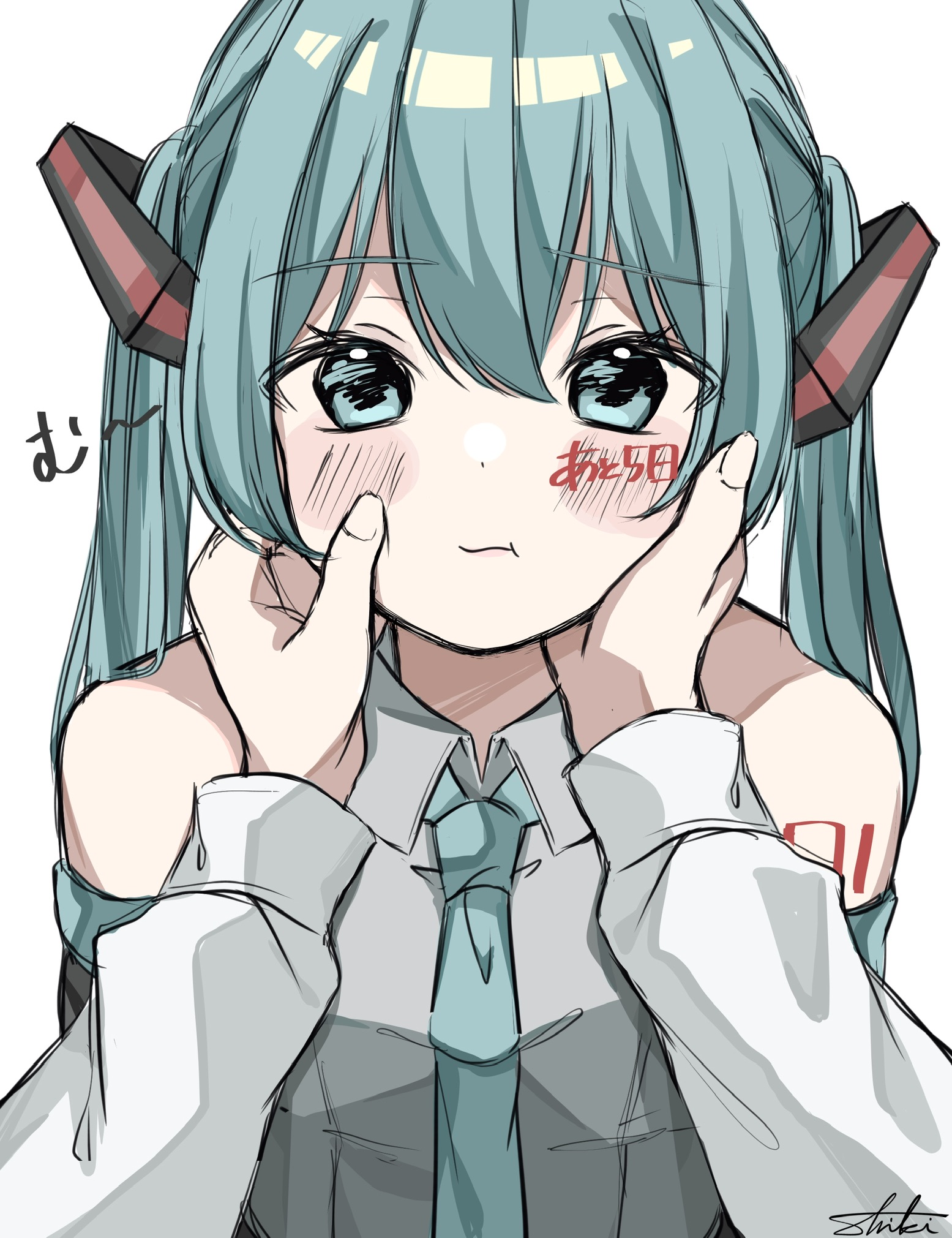 sk duki, hatsune miku, vocaloid, commentary request, highres, translation request, 1girl, 1other, :3, :t, aqua eyes, aqua hair, aqua necktie, aqua trim, arms at sides, bare shoulders, black sleeves, blush, breasts, cheek tattoo, closed mouth, collared shirt, detached sleeves, double-parted bangs, fingernails, from above, grey shirt, hair between eyes, hair ornament, hands on another's cheeks, hands on another's face, long hair, long sleeves, looking at viewer, necktie, no sclera, pov, pov hands, shirt, signature, simple background, sleeveless, sleeveless shirt, small breasts, solo focus, straight-on, tattoo, twintails, upper body, white background, white shirt