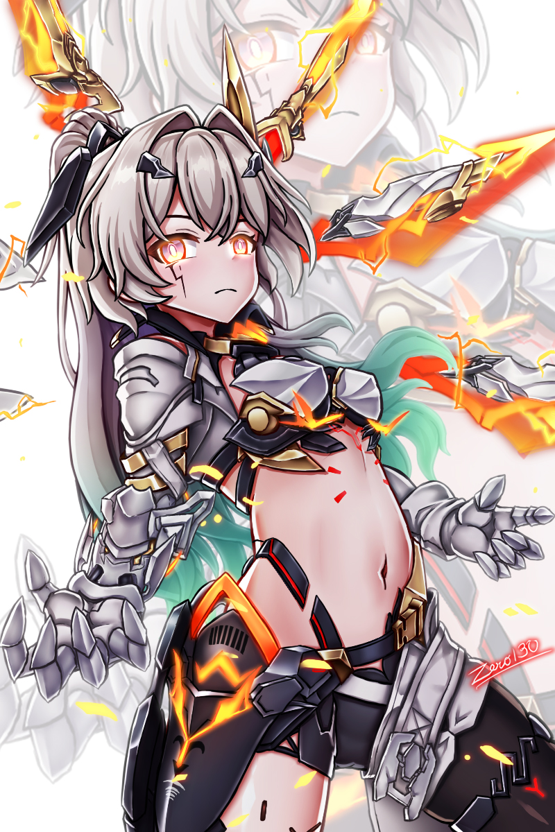 zero130rider, erdos helia, erdos helia (planar armament: warped spacetime), firefly (honkai: star rail), honkai: star rail, honkai (series), honkai impact 3rd, highres, 1girl, artist name, breasts, closed mouth, cosplay, erdos helia (cosplay), gauntlets, grey hair, hair ornament, large breasts, long hair, looking at viewer, mole, mole under eye, navel, solo, yellow eyes