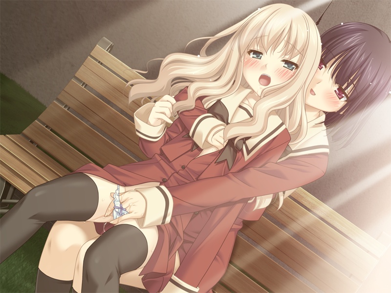 2girls, blonde hair, blush, dress, female focus, fingering, multiple girls, panties, public indecency, pussy juice, school uniform, sitting, sitting on lap, sitting on person, thighhighs, underwear, yuri
