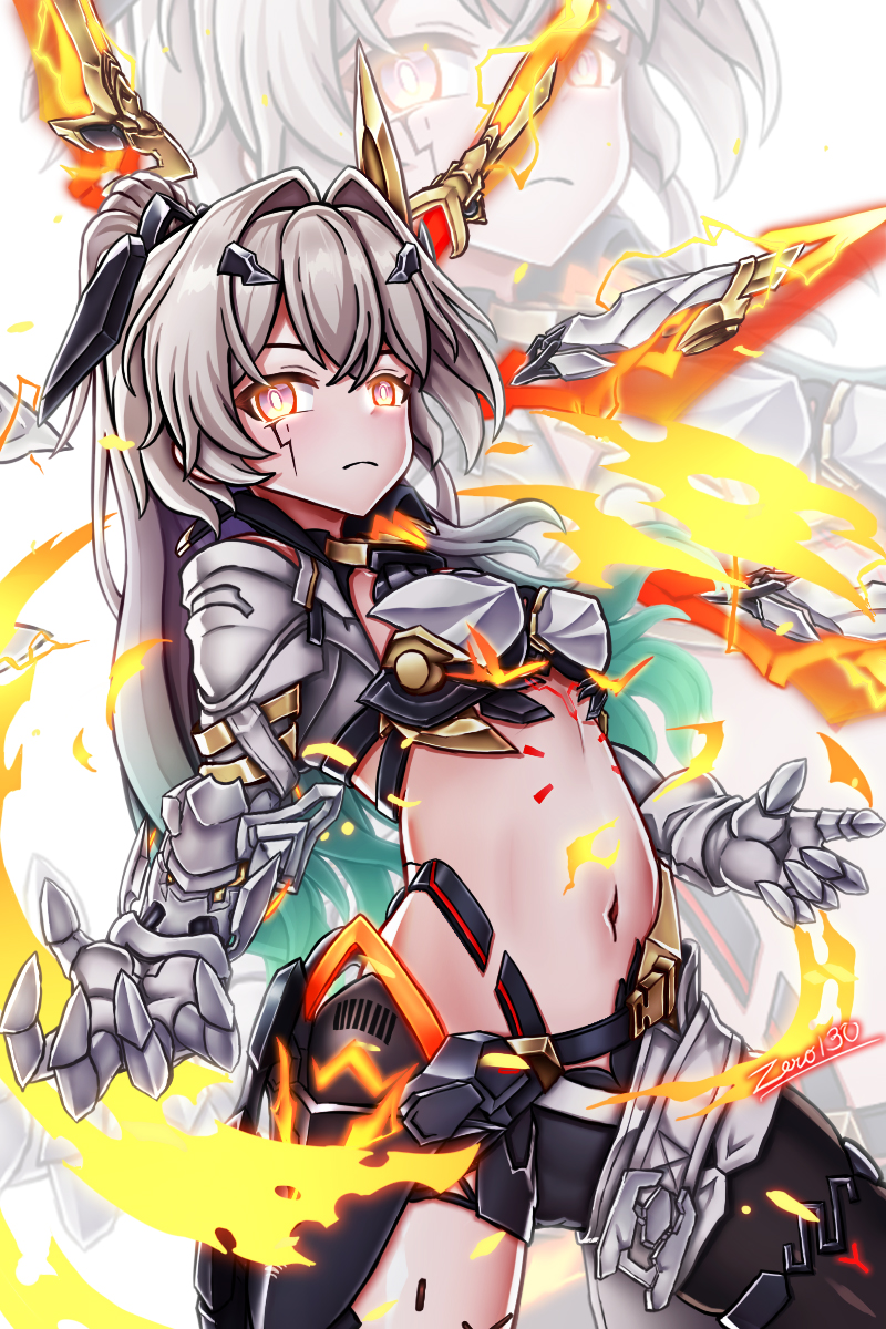 zero130rider, erdos helia, erdos helia (planar armament: warped spacetime), firefly (honkai: star rail), honkai: star rail, honkai (series), honkai impact 3rd, highres, 1girl, artist name, breasts, closed mouth, cosplay, erdos helia (cosplay), gauntlets, grey hair, hair ornament, large breasts, long hair, looking at viewer, mole, mole under eye, navel, solo, yellow eyes