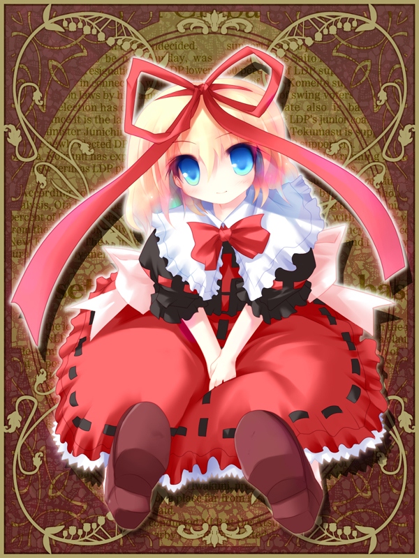 ai takurou, medicine melancholy, touhou, 1girl, black ribbon, black skirt, blonde hair, blue eyes, bow, brown shoes, child, collar, dress, english text, female focus, flower, hair between eyes, hair ribbon, lily of the valley, own hands together, puffy short sleeves, puffy sleeves, red bow, red ribbon, red skirt, ribbon, ribbon-trimmed shirt, ribbon-trimmed skirt, ribbon trim, sash, shirt, shirt bow, shoes, short hair, short sleeves, sitting, skirt, skirt set, solo, wall of text, white bow, white collar