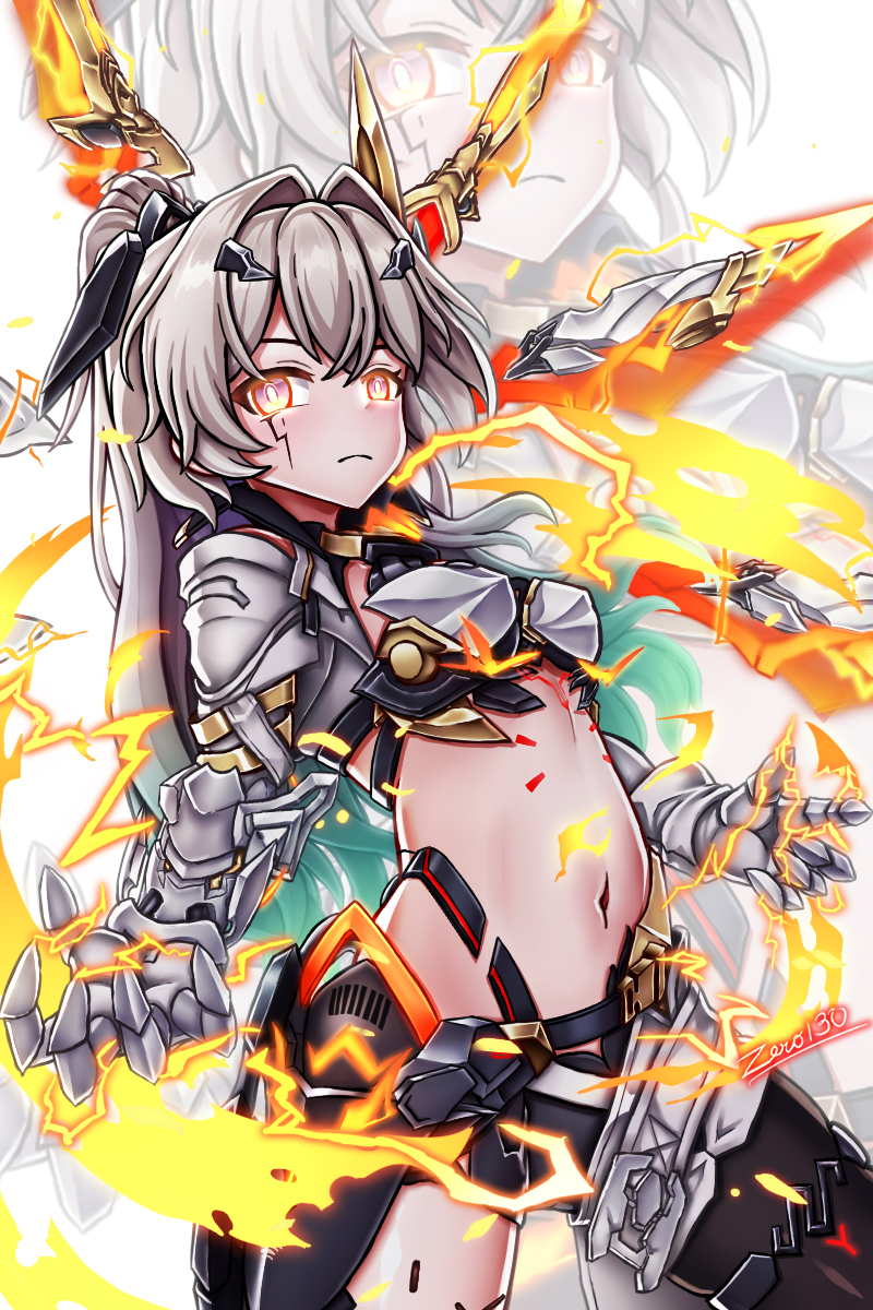 zero130rider, erdos helia, erdos helia (planar armament: warped spacetime), firefly (honkai: star rail), honkai: star rail, honkai (series), honkai impact 3rd, highres, 1girl, artist name, breasts, closed mouth, cosplay, erdos helia (cosplay), gauntlets, grey hair, hair ornament, large breasts, long hair, looking at viewer, mole, mole under eye, navel, solo, yellow eyes