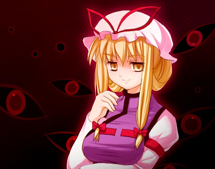 maroppe, yakumo yukari, touhou, 1girl, aura, blonde hair, bonnet, bow, breasts, eye focus, female focus, gap (touhou), hair ribbon, hat, large breasts, long hair, mob cap, ribbon, solo, yellow eyes