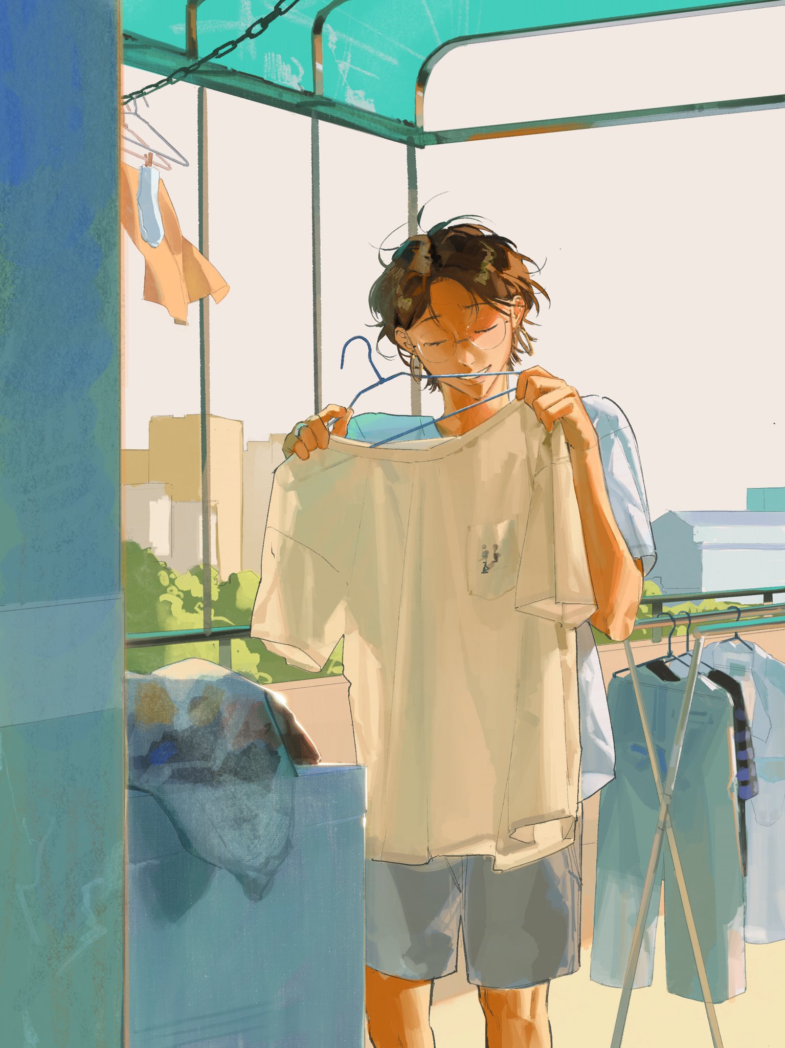 amo (amo 0514), original, chinese commentary, commentary request, highres, 1boy, bag, blue pants, blue shirt, breast pocket, brown hair, building, canopy (shelter), chain, closed eyes, clothes hanger, clothes rack, day, earrings, feet out of frame, glasses, grey shorts, grin, hands up, head tilt, holding, holding clothes hanger, holding unworn clothes, hoop earrings, jewelry, laundry, male focus, open mouth, outdoors, pants, parted bangs, pocket, raised eyebrows, ring, shirt, short hair, short sleeves, shorts, smile, socks, solo, standing, sunlight, t-shirt, unworn pants, unworn shirt, unworn socks, white shirt