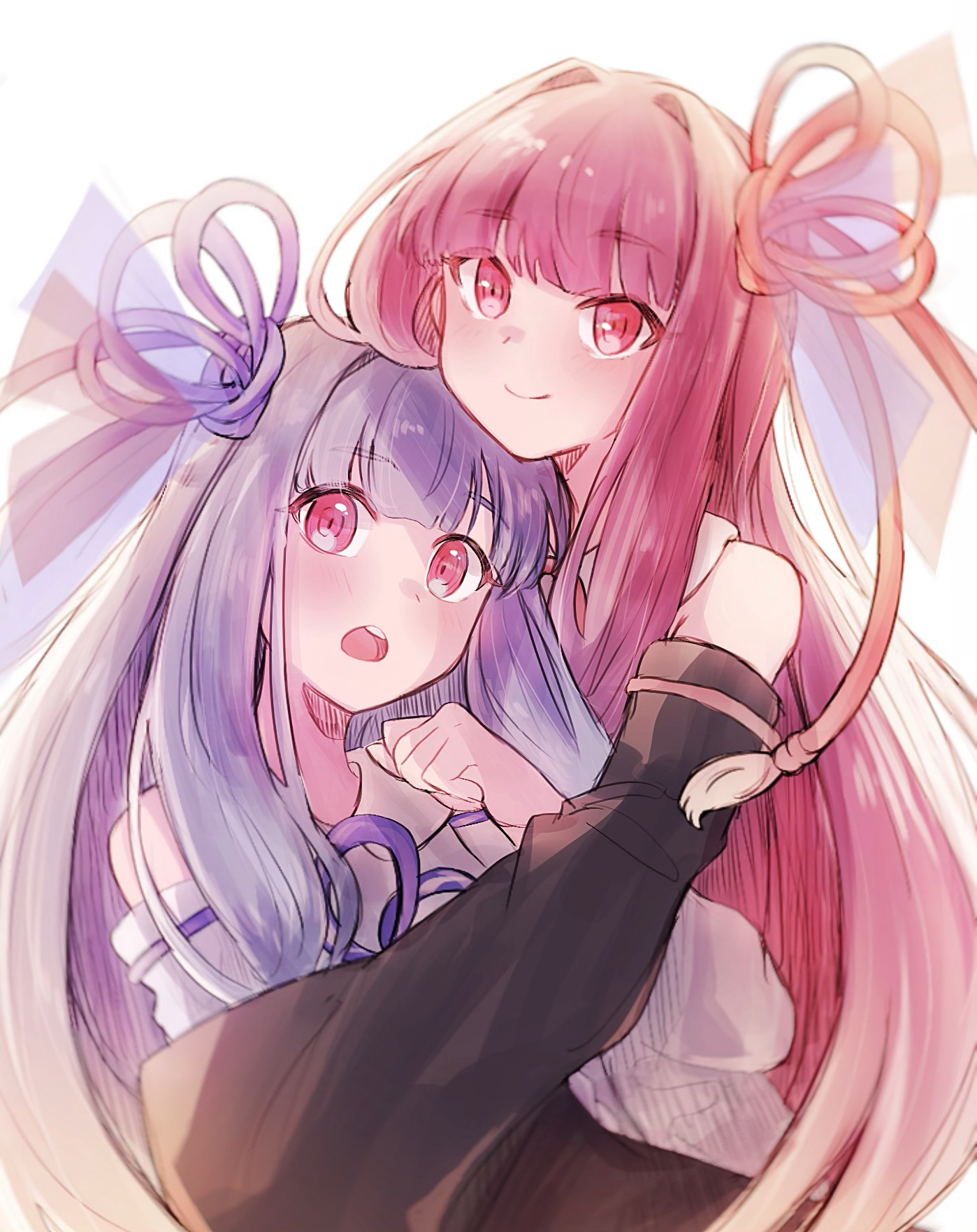 imamiya pinoko, kotonoha akane, kotonoha aoi, voiceroid, highres, 2girls, blue hair, detached sleeves, hair ribbon, hug, long hair, multiple girls, pink eyes, pink hair, red eyes, ribbon, siblings, sisters, teeth, upper teeth only, white background