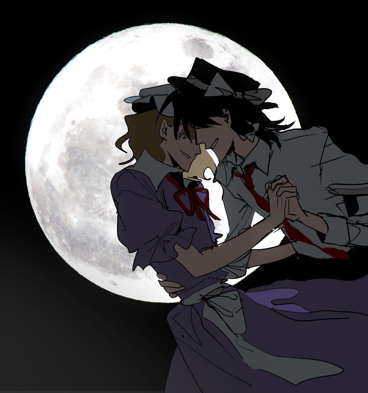 poxiao354, maribel hearn, usami renko, touhou, highres, 2girls, black hat, black skirt, black sky, blonde hair, bow, brown hair, collared dress, collared shirt, cowboy shot, dress, frilled headwear, frilled sleeves, frills, full moon, hair bow, hair over one eye, hand on another's back, hat, hat bow, holding hands, imminent kiss, interlocked fingers, layered sleeves, long dress, long sleeves, medium hair, mob cap, moon, multiple girls, neck ribbon, necktie, night, night sky, outdoors, parted lips, pleated dress, puffy short sleeves, puffy sleeves, purple dress, red necktie, red ribbon, ribbon, shirt, short over long sleeves, short sleeves, single sidelock, skirt, sky, sleeve cuffs, smile, waist bow, white bow, white hat, white shirt, yuri