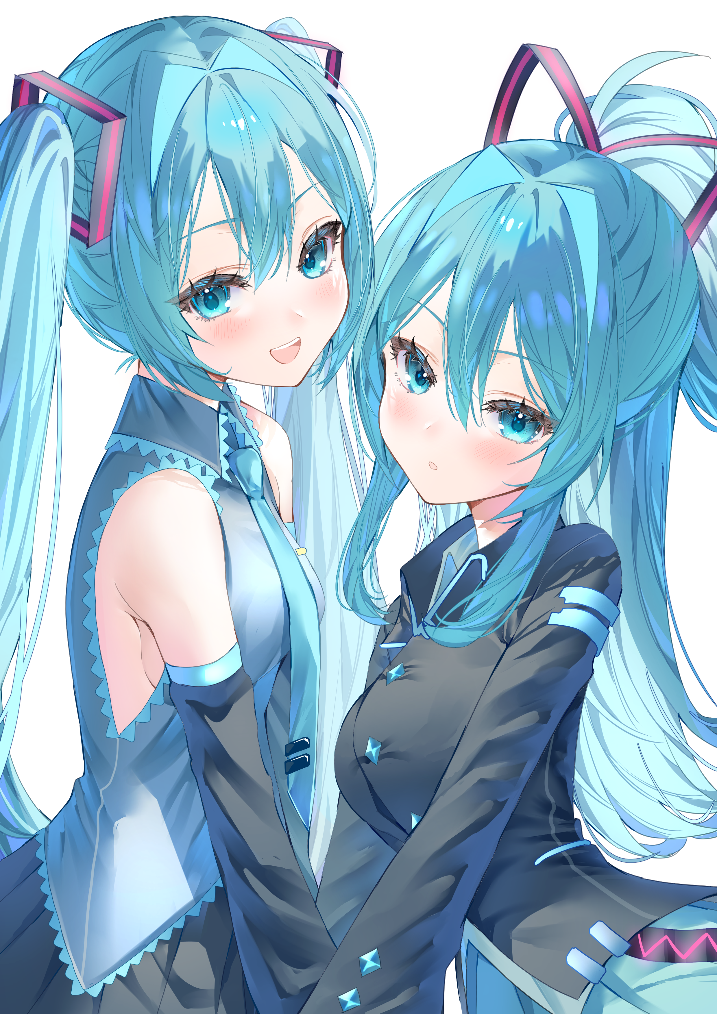 wasemkn, hatsune miku, hatsune miku (if), vocaloid, absurdres, commentary, highres, 2girls, aqua eyes, aqua hair, aqua necktie, black jacket, black skirt, black sleeves, blush, breasts, buttons, detached sleeves, diamond button, dual persona, grey shirt, hair between eyes, holding hands, jacket, large breasts, long hair, medium breasts, multiple girls, necktie, open mouth, parted lips, ponytail, shirt, sideboob, sidelocks, simple background, skirt, sleeveless, sleeveless shirt, smile, teeth, twintails, upper teeth only, very long hair, white background