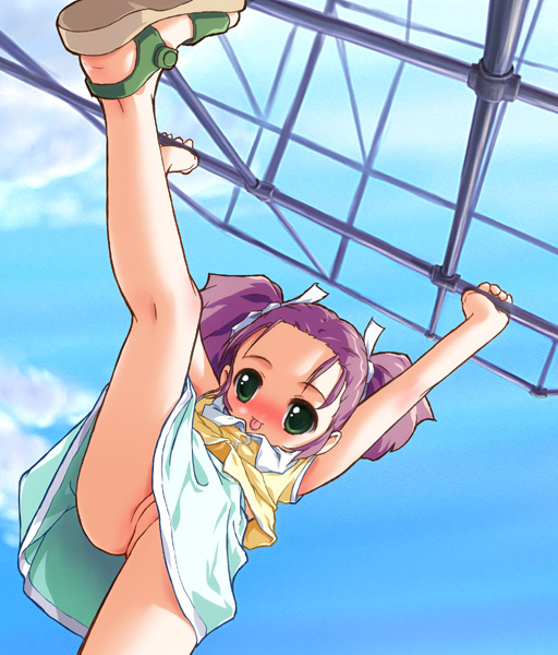 artist request, copyright request, tagme, 1girl, blush, female focus, legs, loli, no panties, public indecency, pussy, sandals, solo, twintails, upskirt
