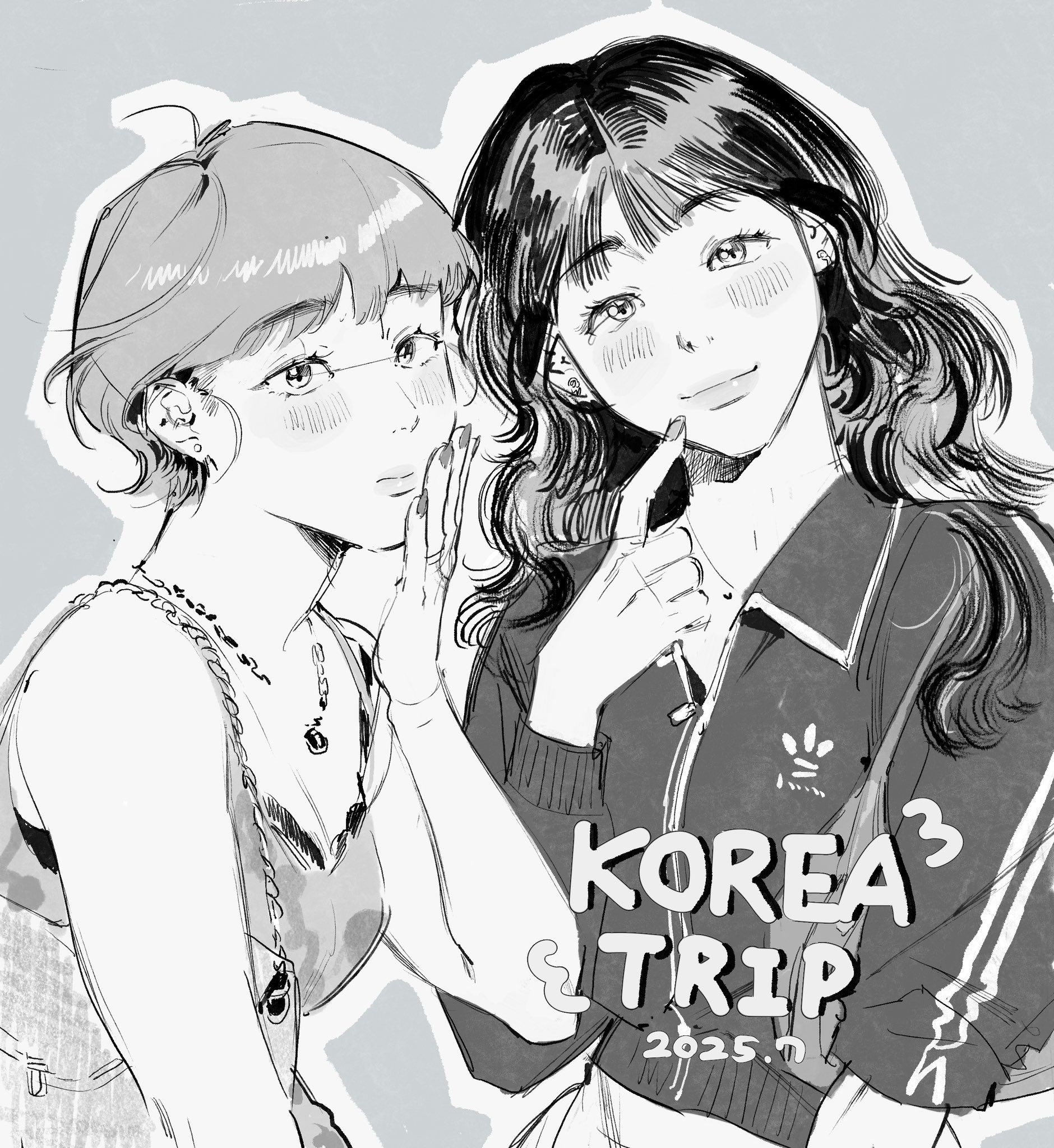 amo (amo 0514), original, chinese commentary, commentary request, highres, 2girls, bag, bare arms, bare shoulders, blush, breasts, camisole, cleavage, closed mouth, collared jacket, cropped jacket, crosshatching, dated, earrings, finger to own chin, fingernails, grey background, greyscale, hand on own face, hand up, handbag, hatching (texture), head tilt, index finger raised, jacket, jewelry, linear hatching, long hair, long sleeves, looking at viewer, looking to the side, medium breasts, monochrome, multiple girls, necklace, outline, short hair, shoulder bag, side-by-side, sideways glance, simple background, smile, upper body, wavy hair, white outline