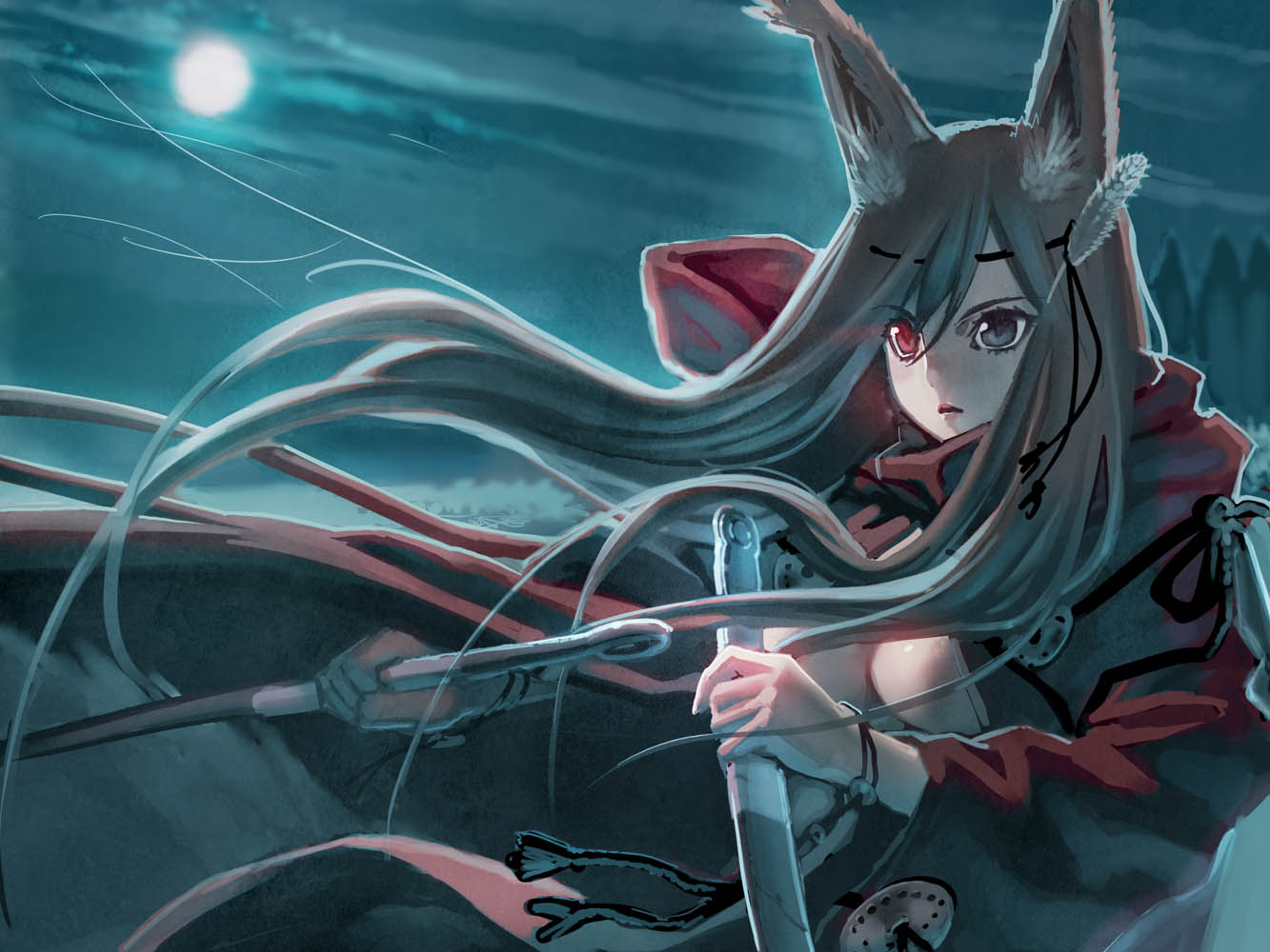 sanbasou, bad id, bad pixiv id, 1girl, animal ears, breasts, female focus, heterochromia, knife, large breasts, moon, night, solo, sword, weapon, wind