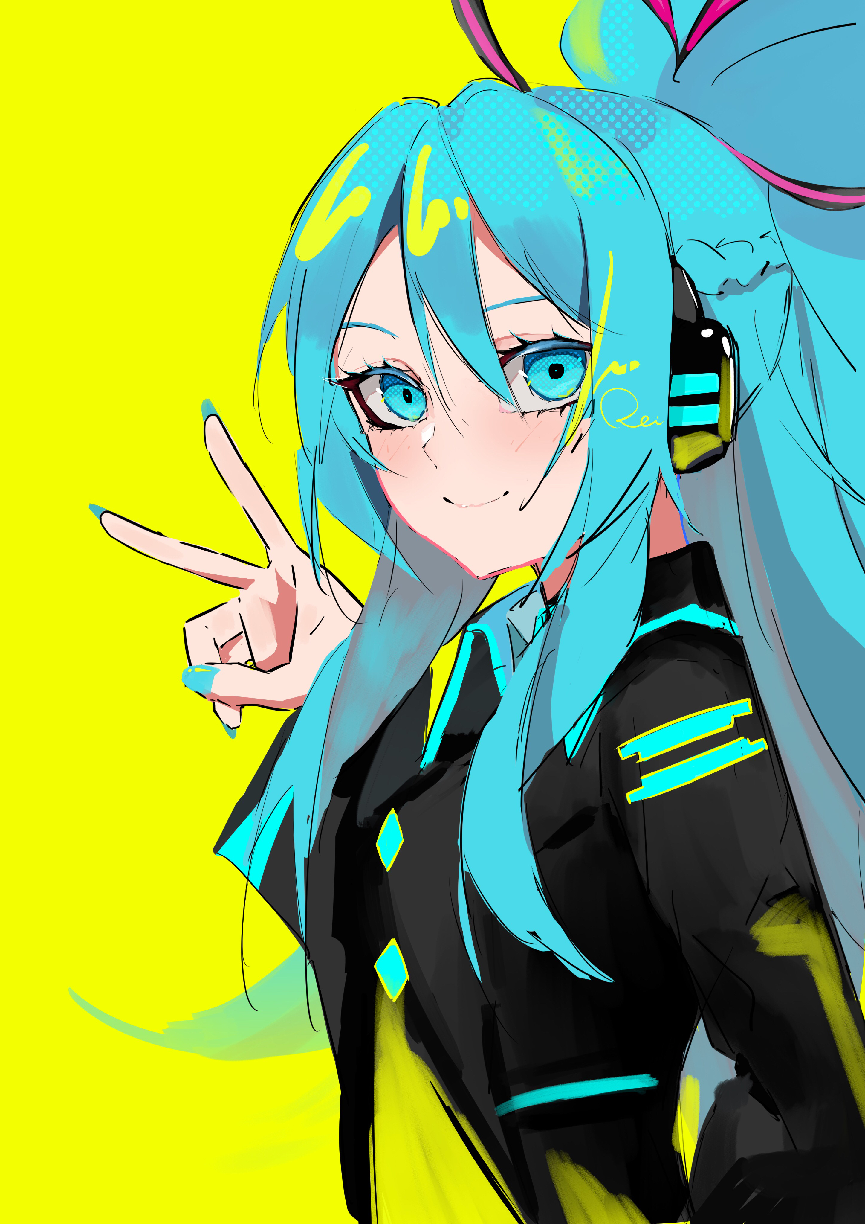 rei (rei 270), hatsune miku, hatsune miku (if), vocaloid, absurdres, commentary, highres, 1girl, aqua eyes, aqua hair, aqua nails, aqua trim, arm behind back, black jacket, black ribbon, blush, braid, buttons, closed mouth, collared jacket, double-parted bangs, hair between eyes, hair ribbon, half up braid, halftone, hand up, headphones, high ponytail, jacket, long hair, long sleeves, looking at viewer, nail polish, ponytail, ribbon, sidelocks, simple background, single braid, smile, upper body, upturned eyes, v, wide sleeves, yellow background