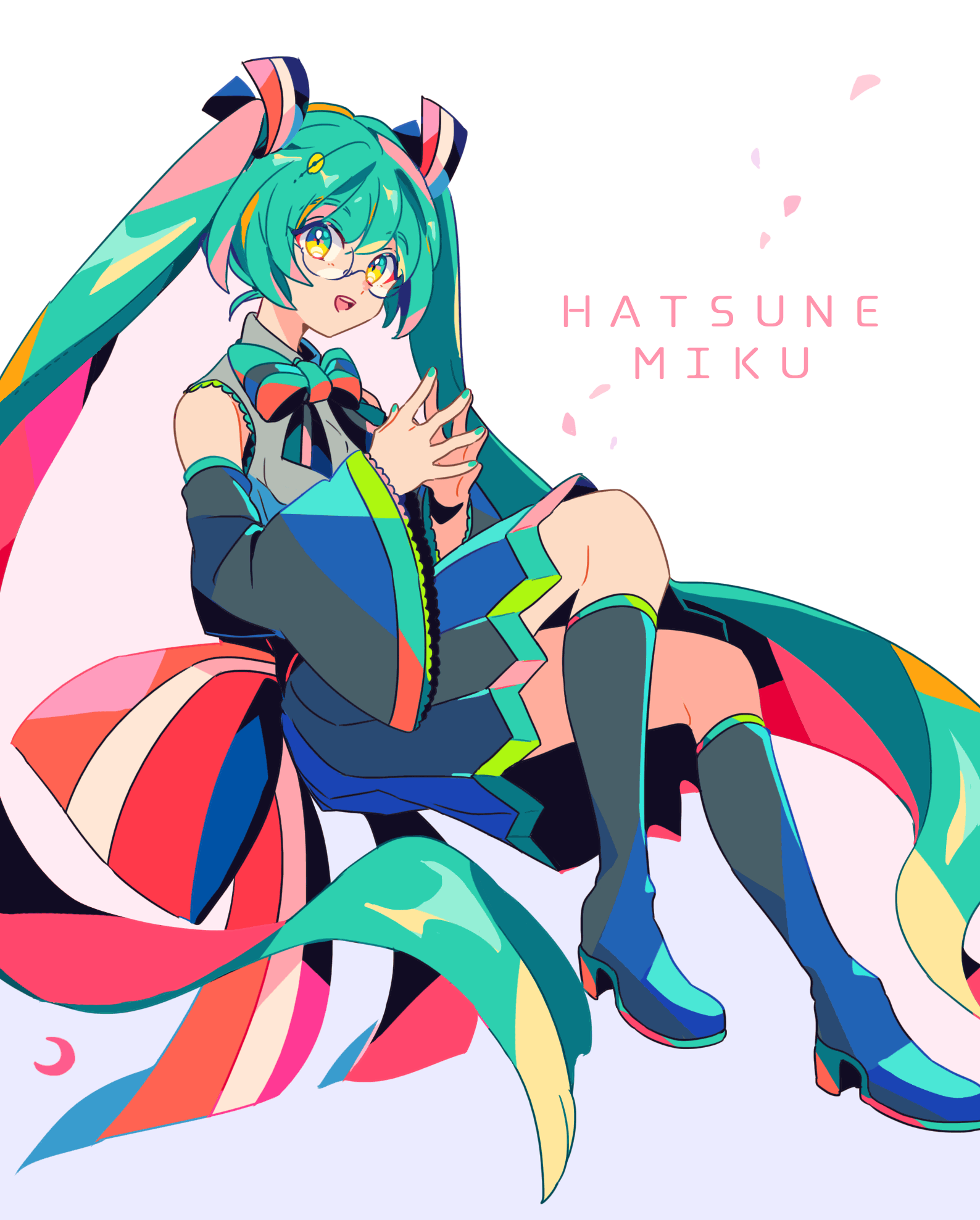 mizuki tsukimori, hatsune miku, vocaloid, commentary request, highres, 1girl, bespectacled, bow, character name, detached sleeves, glasses, green hair, green nails, long hair, looking at viewer, open mouth, petals, pleated skirt, skirt, solo, striped bow, twintails, very long hair, white background