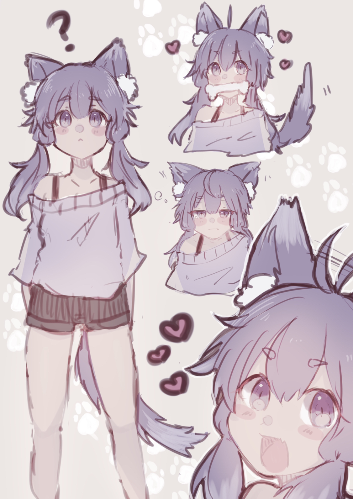 imamiya pinoko, yuzuki yukari, voiceroid, highres, 1girl, ?, animal ears, bone, dog ears, dog girl, dog tail, mouth hold, purple eyes, purple hair, short hair with long locks, short shorts, shorts, simple background, tail
