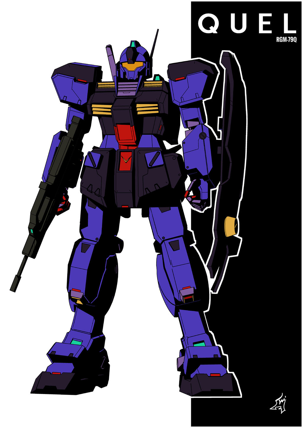 kryuchekov, gm (mobile suit), gm quel, gundam, gundam 0083, commentary, english commentary, highres, assault rifle, character name, gun, machinery, mecha, mecha focus, mobile suit, no humans, orange visor, rifle, robot, science fiction, shield, signature, titans (gundam), weapon