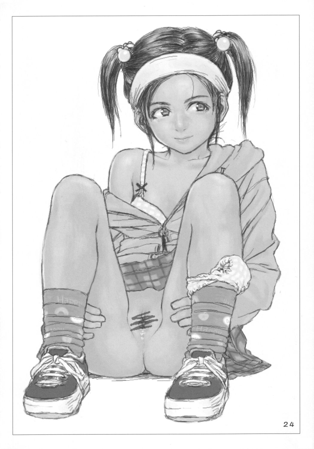 rustle, original, highres, 1girl, bra, censored, female focus, greyscale, loli, monochrome, no panties, panties, panties around leg, plaid bra, plaid clothes, plaid panties, pussy, solo, spread pussy, spreading own pussy, underwear, white background