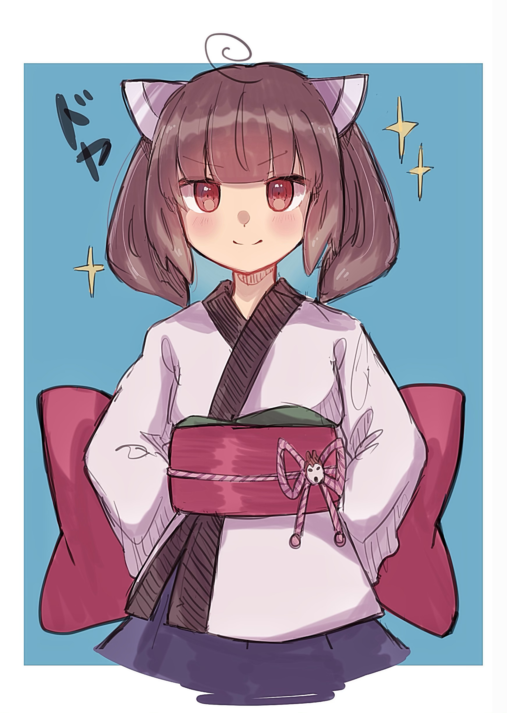 imamiya pinoko, touhoku kiritan, voiceroid, absurdres, highres, 1girl, brown eyes, brown hair, doyagao, japanese clothes, kimono, medium hair, obi, red eyes, sash, simple background, smug, solo, twintails, white kimono