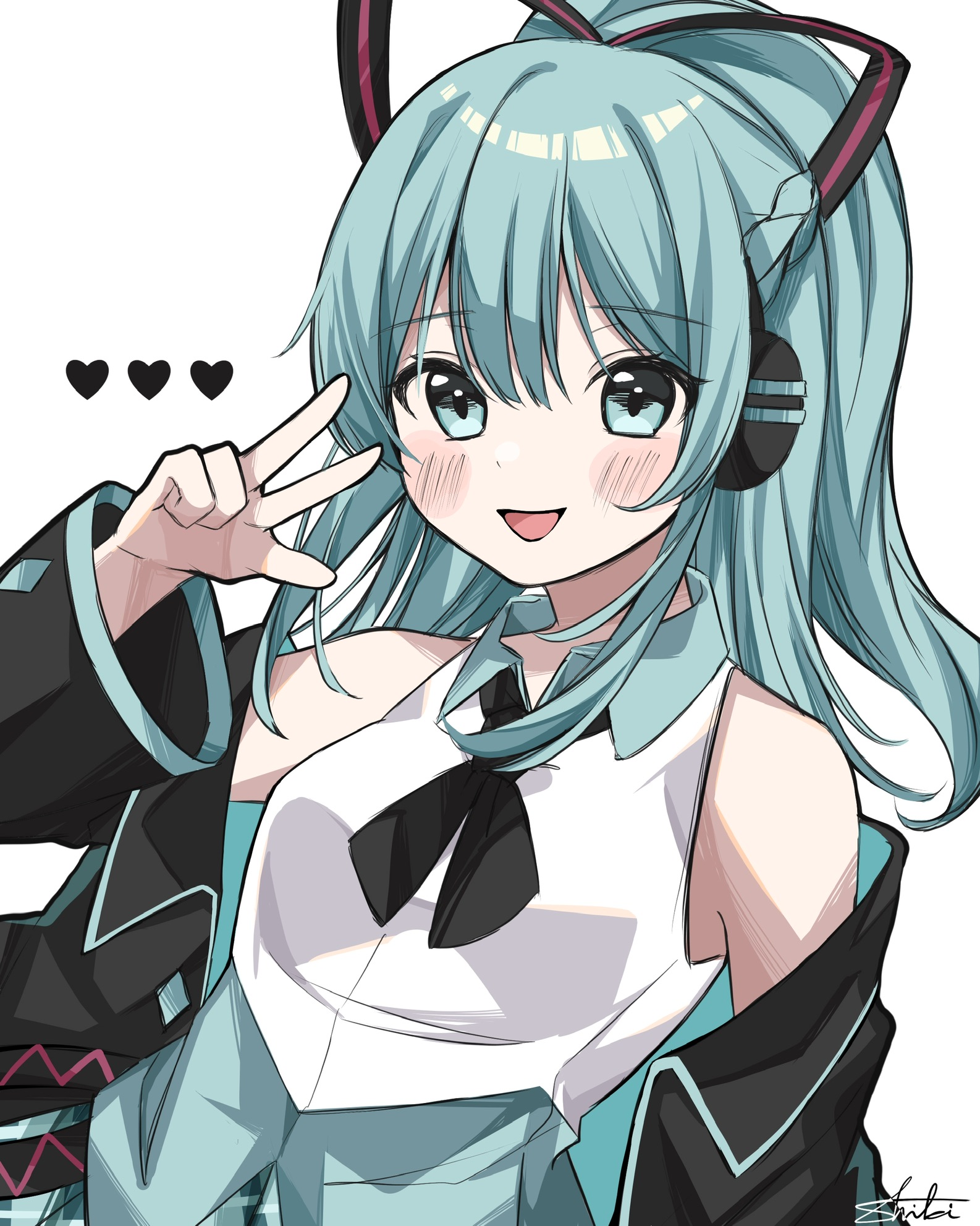 sk duki, hatsune miku, hatsune miku (if), vocaloid, commentary request, highres, 1girl, :d, aqua eyes, aqua hair, aqua skirt, aqua trim, arm at side, bare shoulders, black bow, black bowtie, black jacket, blush, bow, bowtie, braid, breasts, collared jacket, contrast collar, double-parted bangs, dutch angle, hair between eyes, hair ribbon, half up braid, hand up, headphones, heart, high ponytail, jacket, jacket partially removed, long hair, long sleeves, looking at viewer, open mouth, plaid clothes, plaid skirt, ponytail, ribbon, shirt, sidelocks, signature, simple background, single braid, skirt, sleeveless, sleeveless shirt, small breasts, smile, tongue, two-sided fabric, two-sided jacket, upper body, w, white background, white shirt, wide sleeves