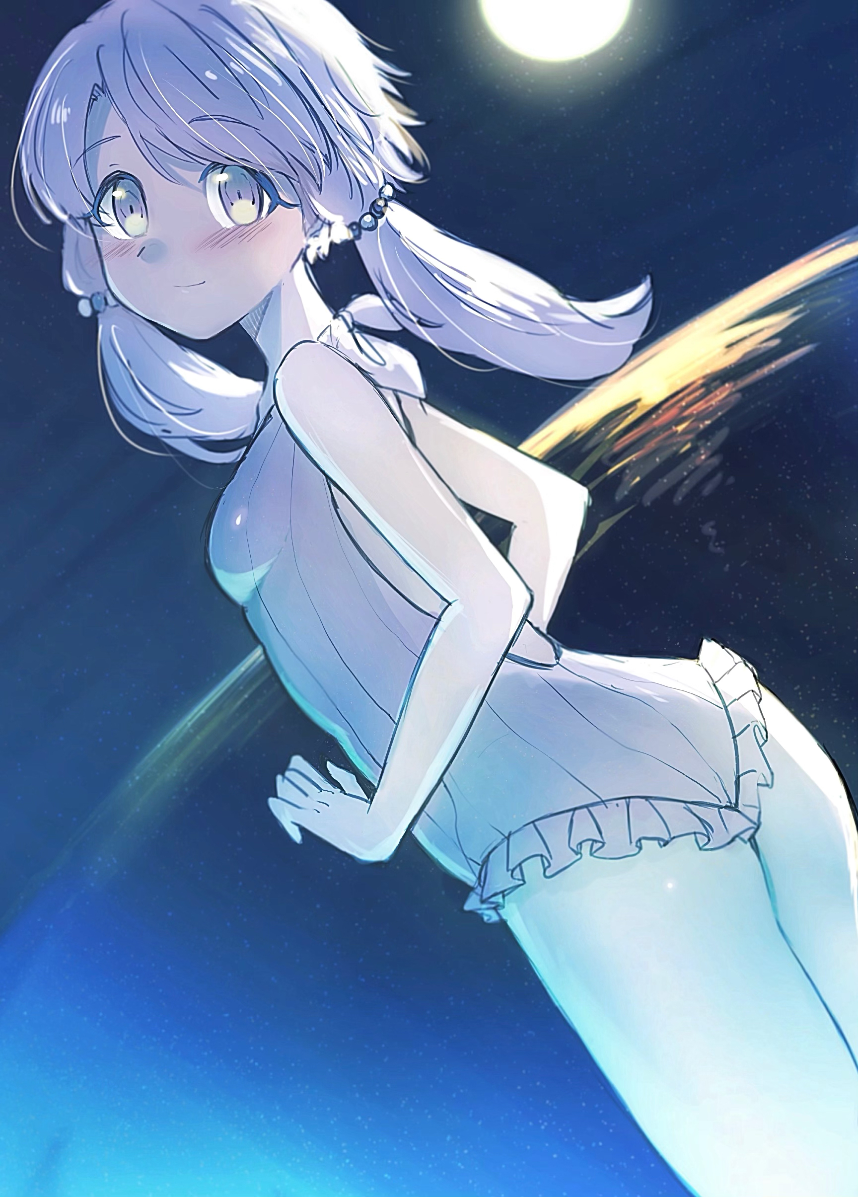imamiya pinoko, yuzuki yukari, voiceroid, absurdres, highres, 1girl, ass, blush, breasts, flat ass, frilled one-piece swimsuit, frills, full moon, moon, night, one-piece swimsuit, outdoors, purple eyes, purple hair, short hair with long locks, small breasts, solo, swimsuit