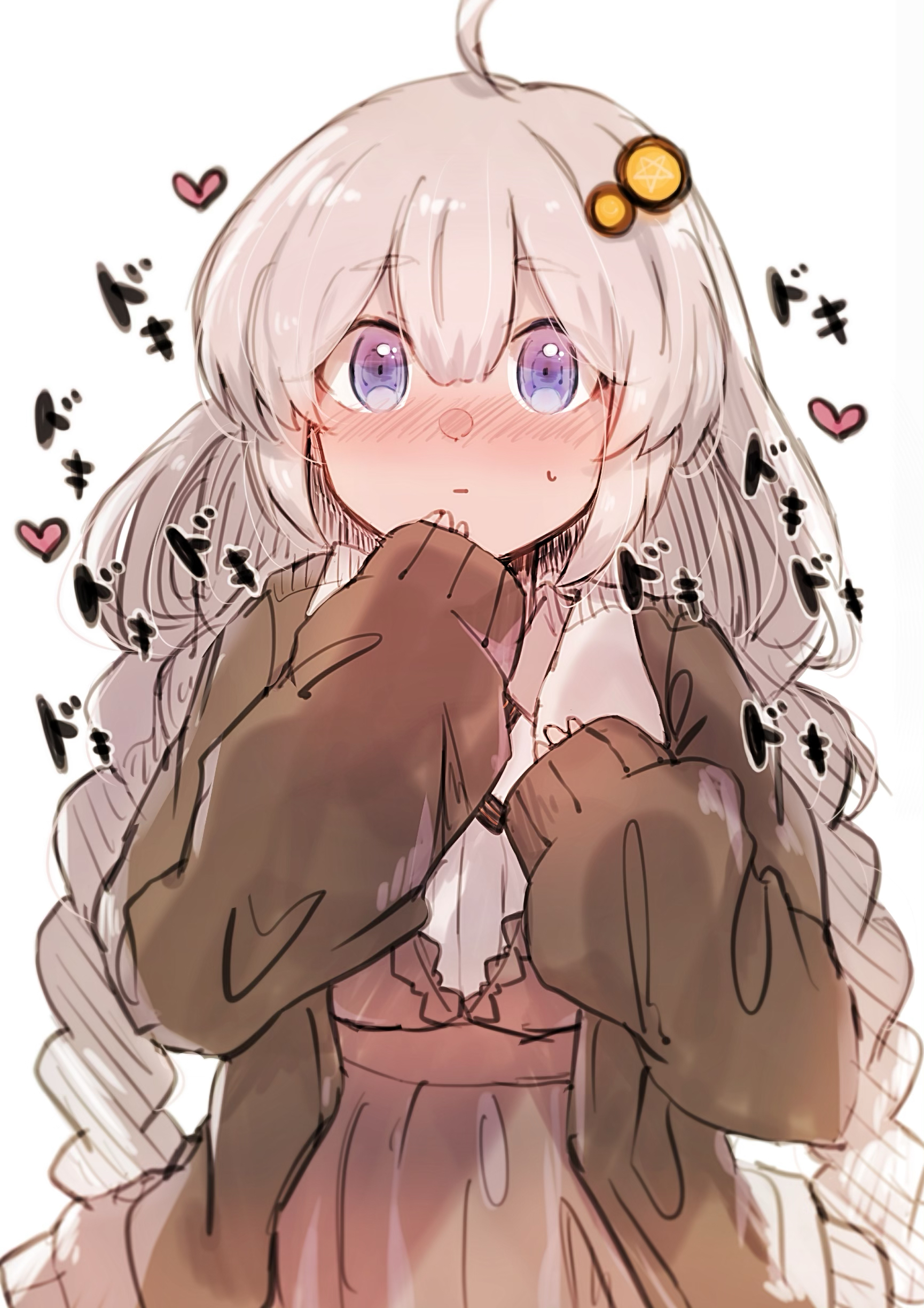 imamiya pinoko, kizuna akari, voiceroid, absurdres, highres, 1girl, ahoge, blue eyes, blush, braid, long hair, sleeves past wrists, solo, sweatdrop, twin braids, very long hair, white background, white hair