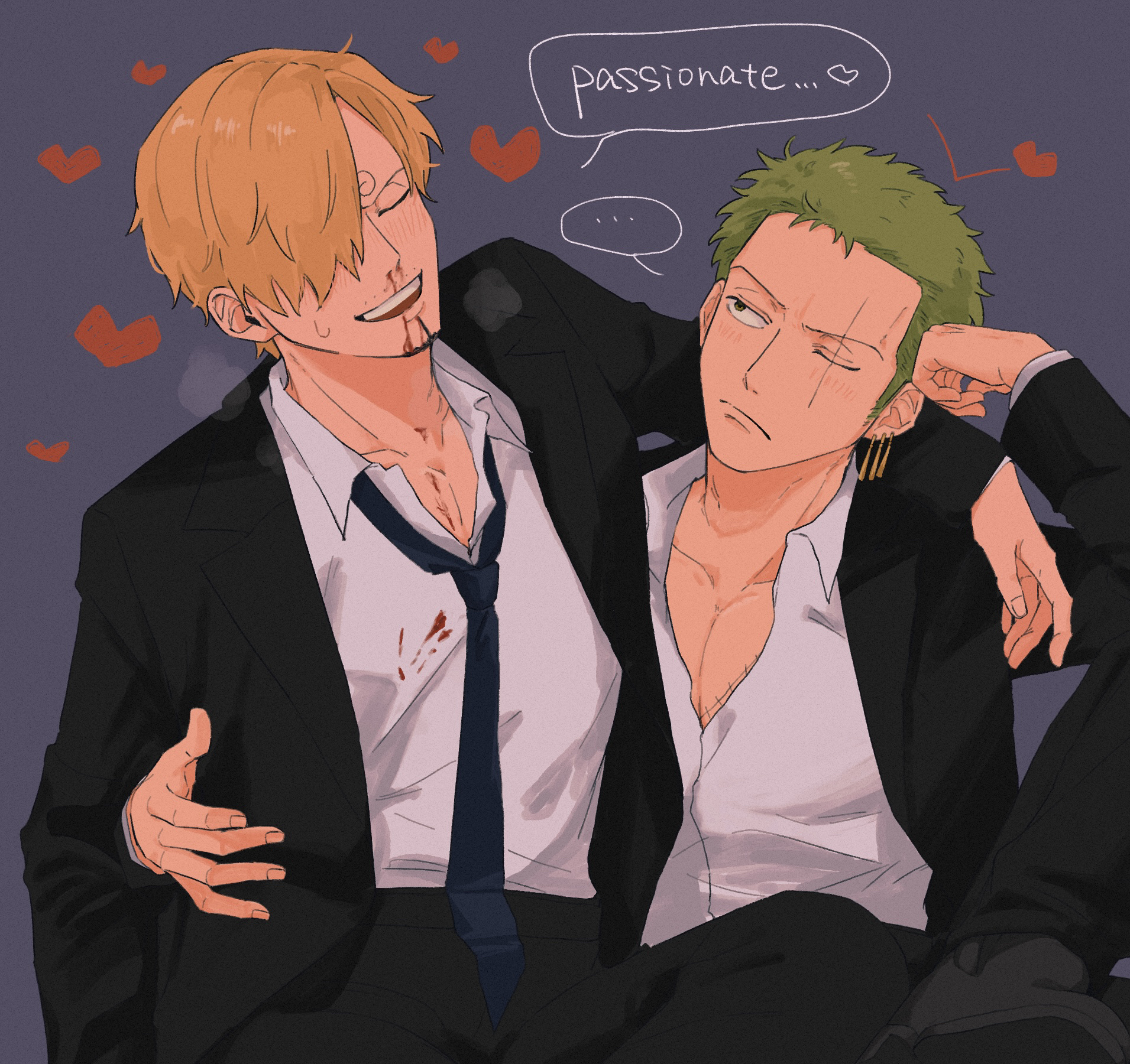 iqracha, roronoa zoro, sanji (one piece), one piece, highres, 2boys, black jacket, black pants, blonde hair, blood, blue necktie, breath, curly eyebrows, earrings, english text, facial hair, formal clothes, goatee, green hair, hair over one eye, heart, jacket, jewelry, male focus, multiple boys, necktie, nosebleed, open mouth, pants, pectoral cleavage, pectorals, scar, scar across eye, scar on face, shirt, short hair, sideburns, suit, white shirt, yaoi