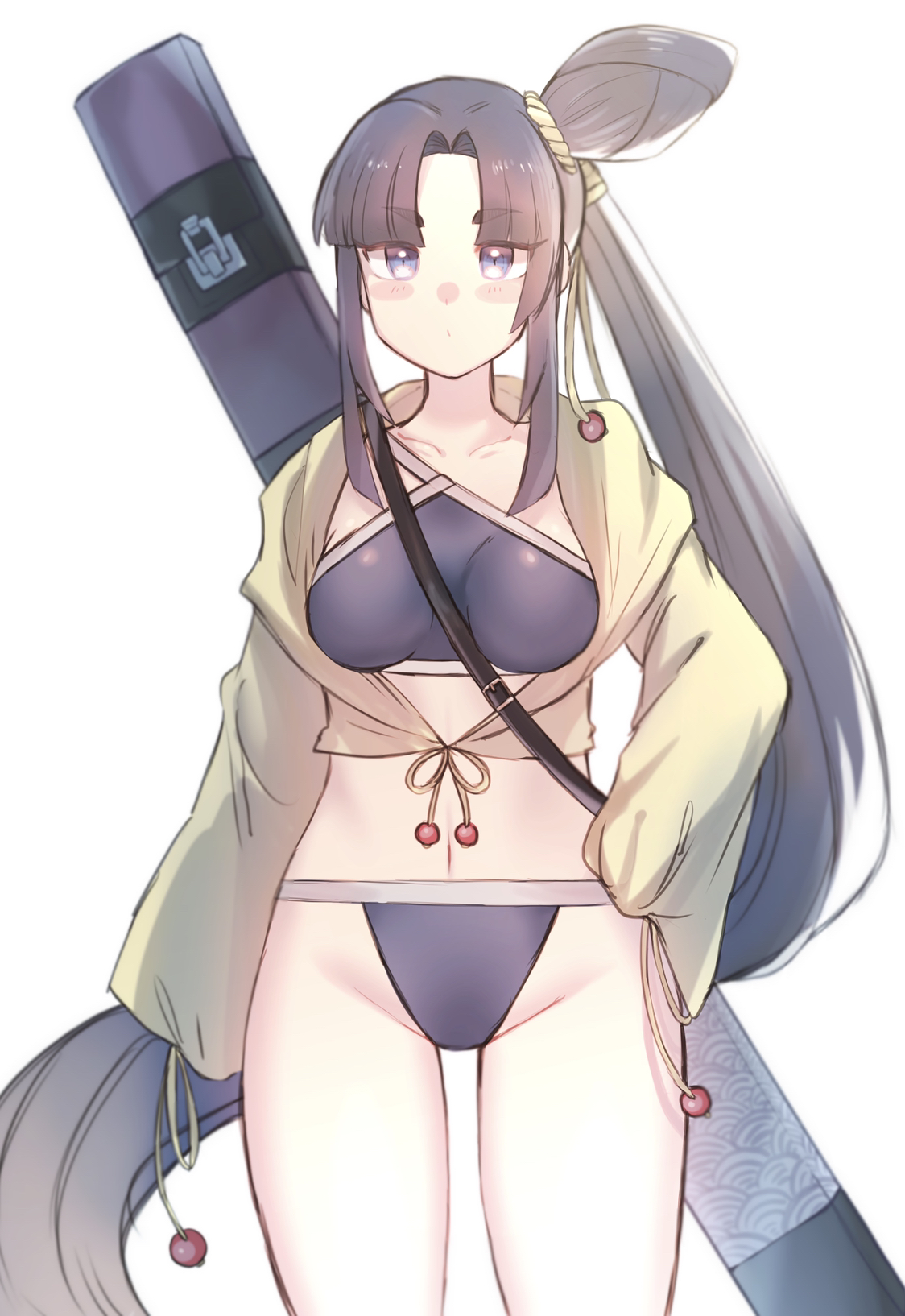 imamiya pinoko, ushiwakamaru (fate), ushiwakamaru (swimsuit assassin) (first ascension) (fate), fate/grand order, fate (series), ushiwakamaru (swimsuit assassin) (fate), highres, 1girl, bikini, black hair, blue eyes, hair bun, hood, hoodie, long hair, ponytail, sheath, solo, swimsuit, very long hair, white background
