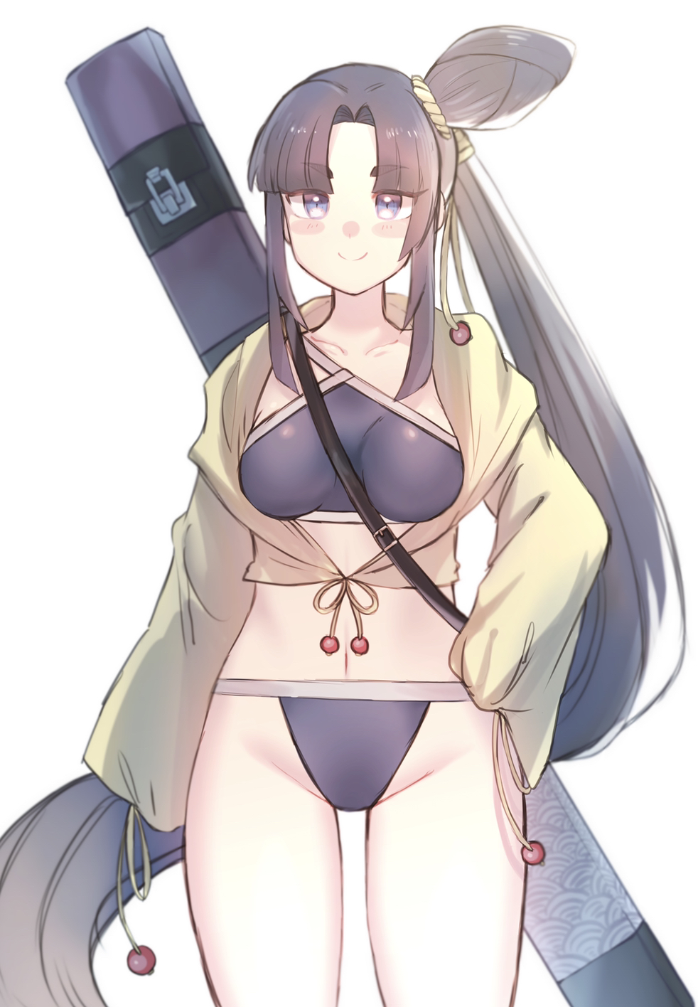 imamiya pinoko, ushiwakamaru (fate), ushiwakamaru (swimsuit assassin) (first ascension) (fate), fate/grand order, fate (series), ushiwakamaru (swimsuit assassin) (fate), highres, 1girl, bikini, black hair, blue eyes, hair bun, hood, hoodie, long hair, ponytail, sheath, smile, solo, swimsuit, very long hair, white background