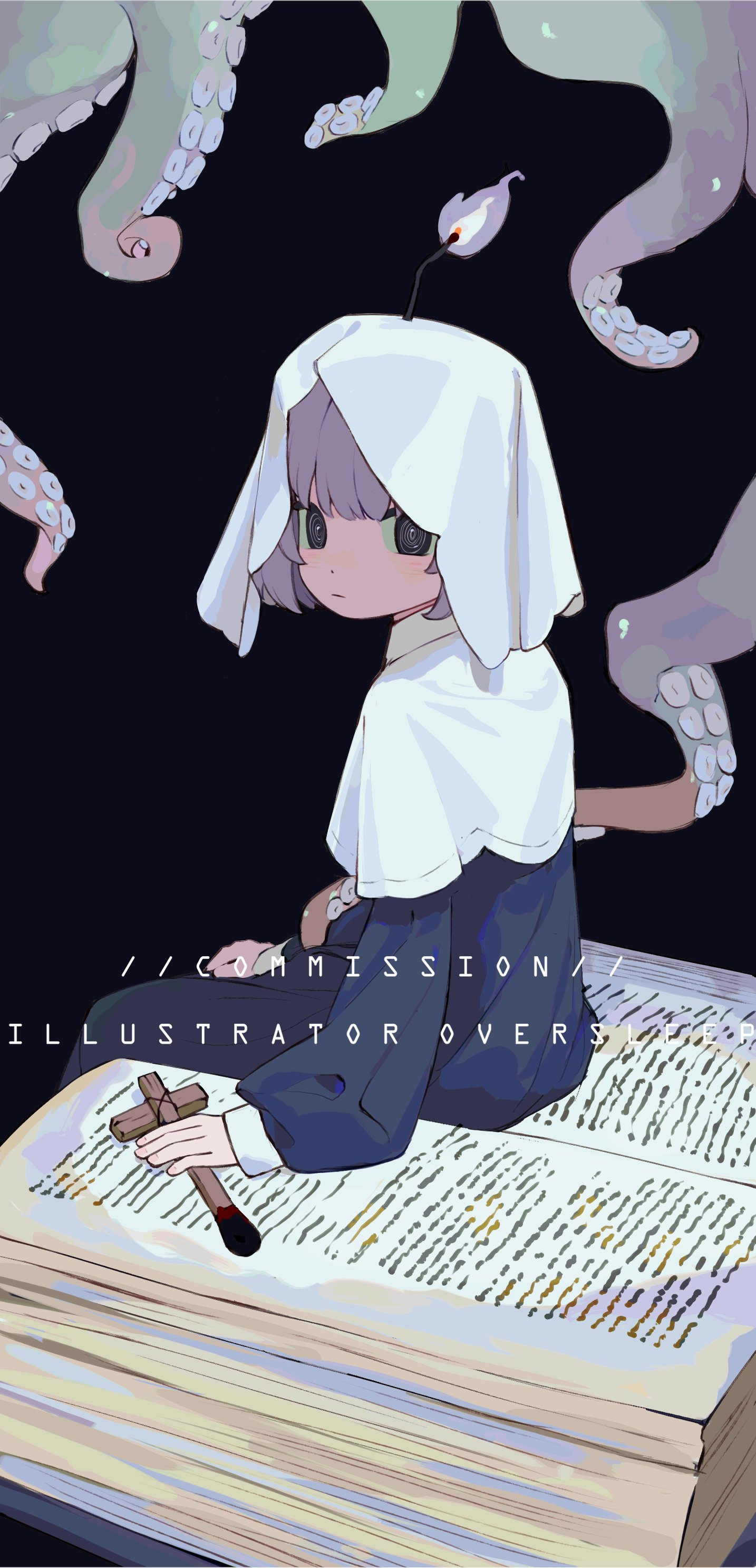 oversleep, original, absurdres, highres, 1girl, black background, black eyes, blunt bangs, book, cross, english text, grey hair, long sleeves, looking at viewer, looking back, nun, open book, puffy long sleeves, puffy sleeves, short hair, simple background, sitting, tentacles, traditional nun, veil