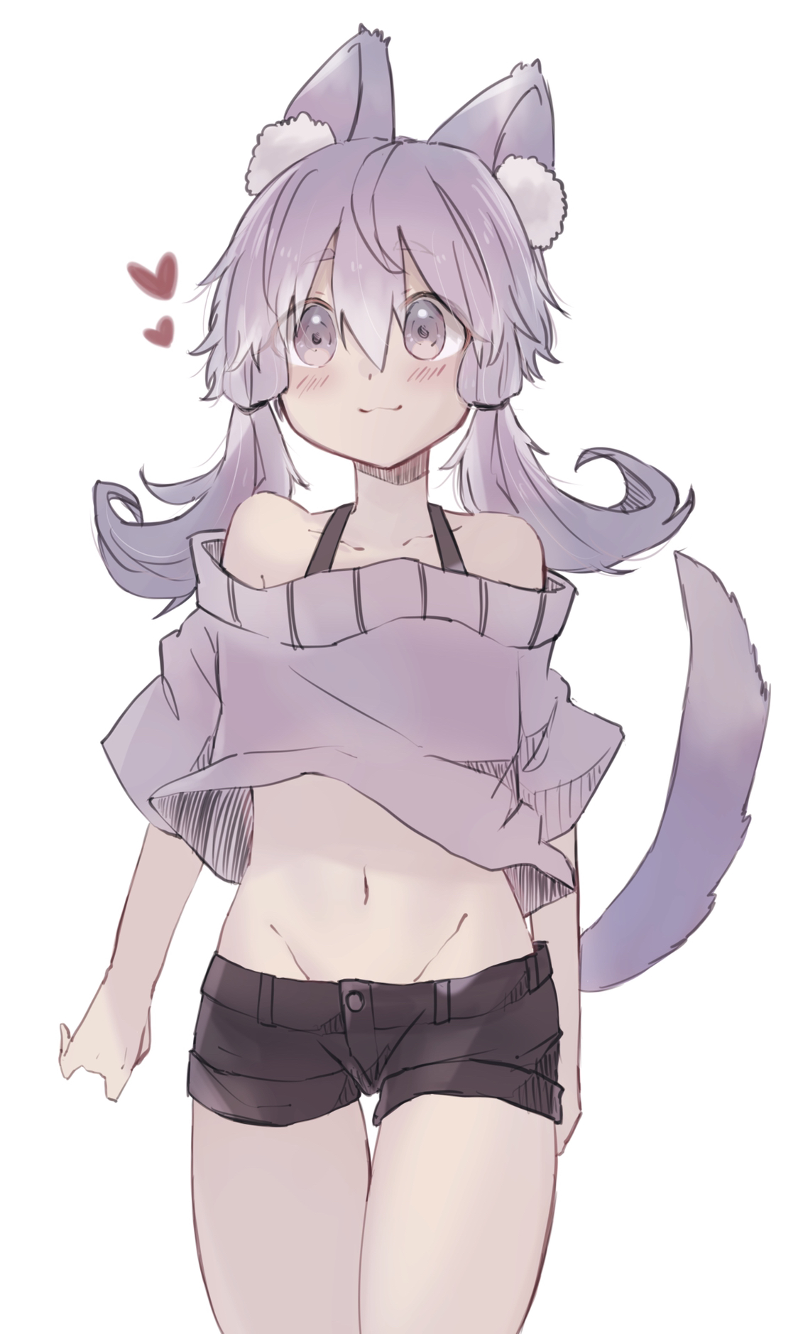 imamiya pinoko, yuzuki yukari, voiceroid, highres, 1girl, :3, animal ears, dog ears, dog tail, heart, navel, purple eyes, purple hair, short hair with long locks, short shorts, shorts, solo, tail, white background
