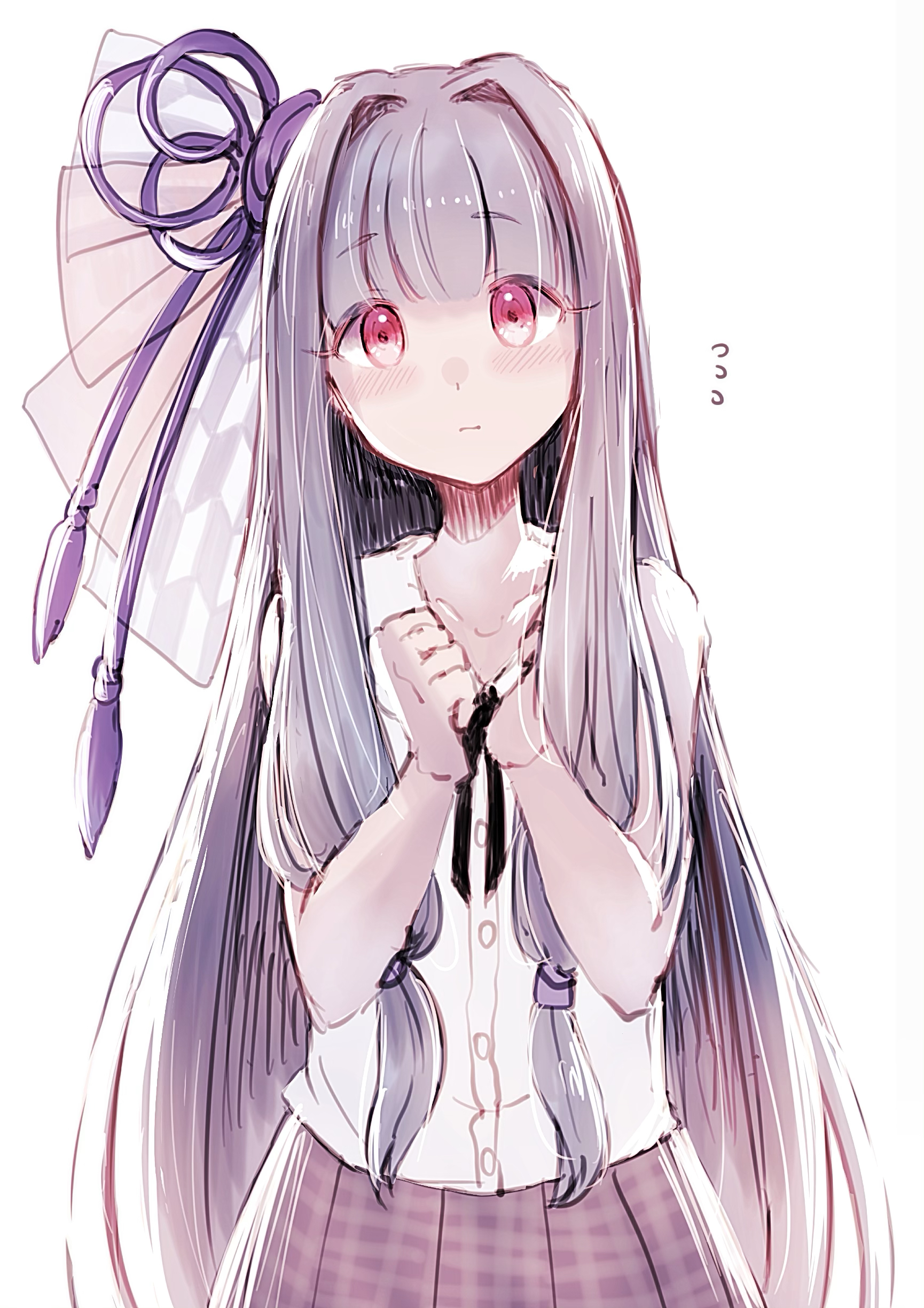 imamiya pinoko, kotonoha aoi, voiceroid, absurdres, highres, 1girl, blue hair, blush, flying sweatdrops, hair intakes, hair ribbon, long hair, pink eyes, ribbon, solo, white background