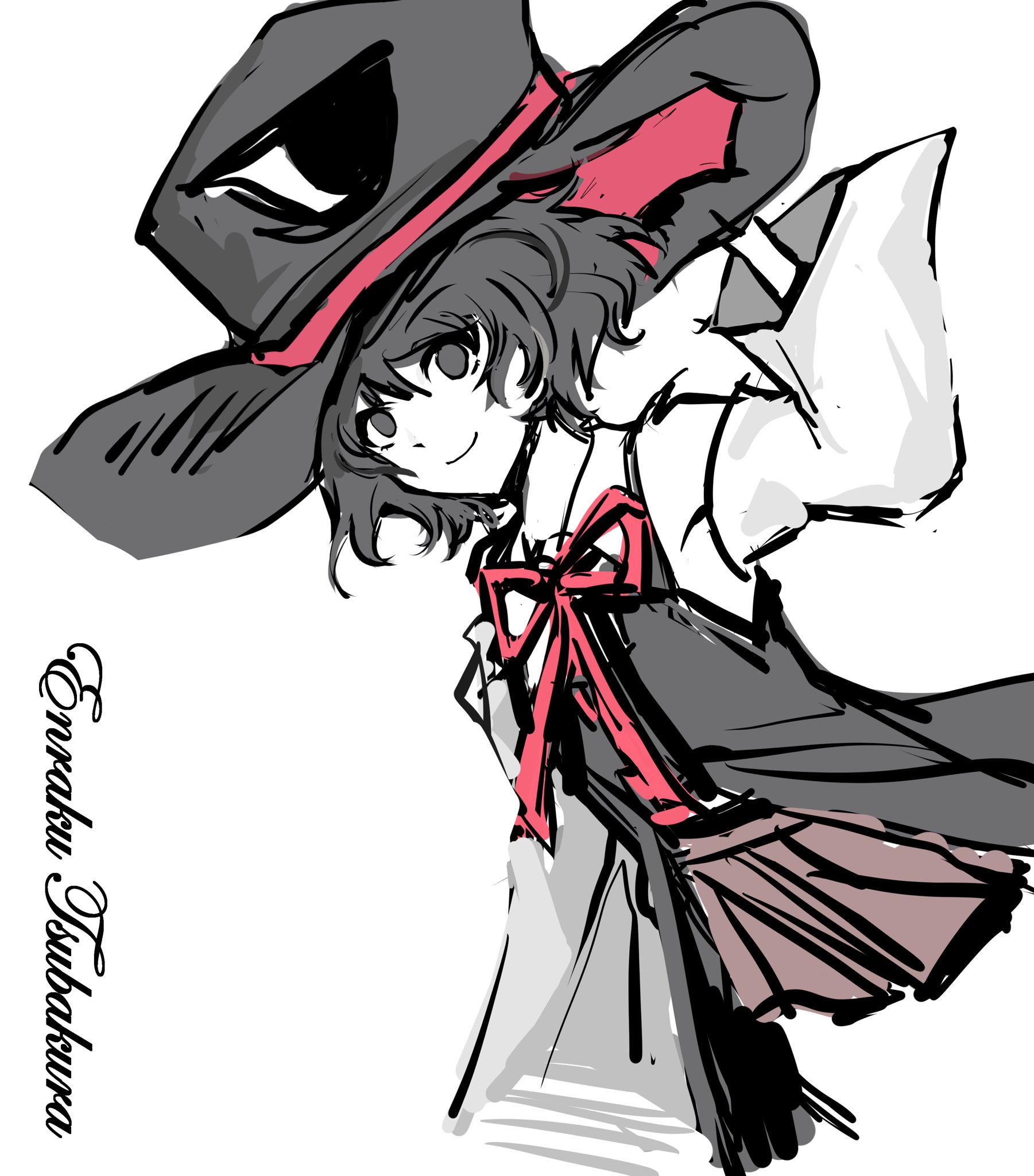 otogisum3, enraku tsubakura, len'en, highres, 1other, androgynous, bare shoulders, black coat, black hair, black hat, brown hakama, character name, closed mouth, coat, collared shirt, cropped legs, detached sleeves, dot nose, dutch angle, eye of senri, flat color, hair between eyes, hakama, hakama short skirt, hakama skirt, hand on headwear, happy, hat, japanese clothes, long sleeves, neck ribbon, other focus, red hat, red ribbon, ribbon, ribbon-trimmed coat, ribbon trim, shirt, short hair, simple background, skirt, sleeveless, sleeveless coat, sleeveless shirt, smile, solo, top hat, two-sided fabric, two-sided headwear, white background, white shirt, white sleeves, wide sleeves
