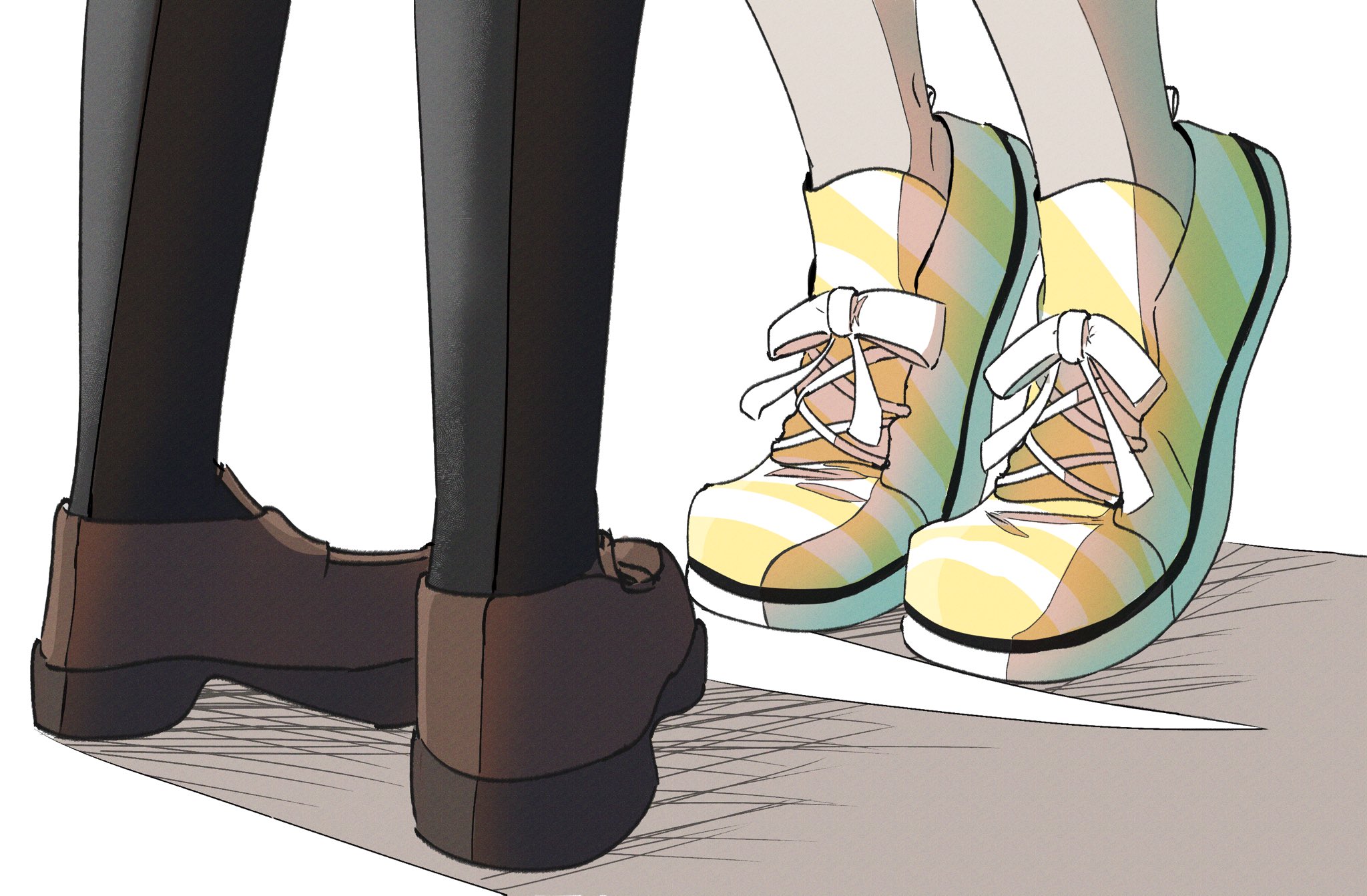 koito yuu, nanami touko, yagate kimi ni naru, commentary request, highres, 2girls, black socks, brown shoes, footwear focus, implied kiss, multiple girls, nobunaga (nbng g), penis, shirt, shoes, socks, tiptoes, yellow shirt, yuri