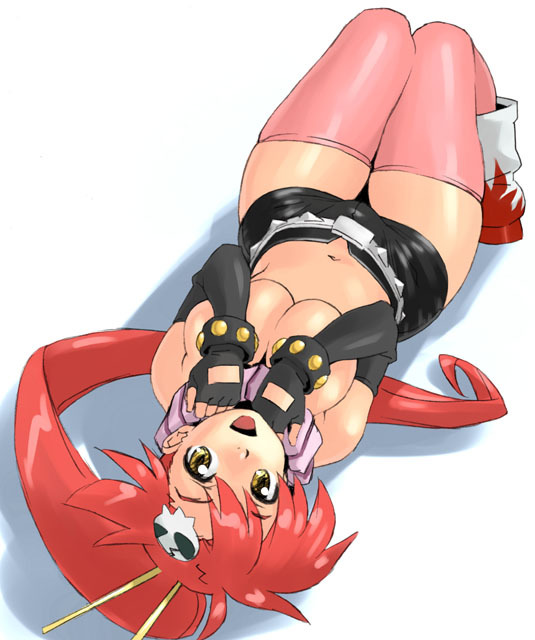yoko littner, tengen toppa gurren lagann, scan, 00s, 1girl, blush, breasts, female focus, full body, long hair, ponytail, red hair, shorts, solo, thighhighs, topless female, trimoon, white background