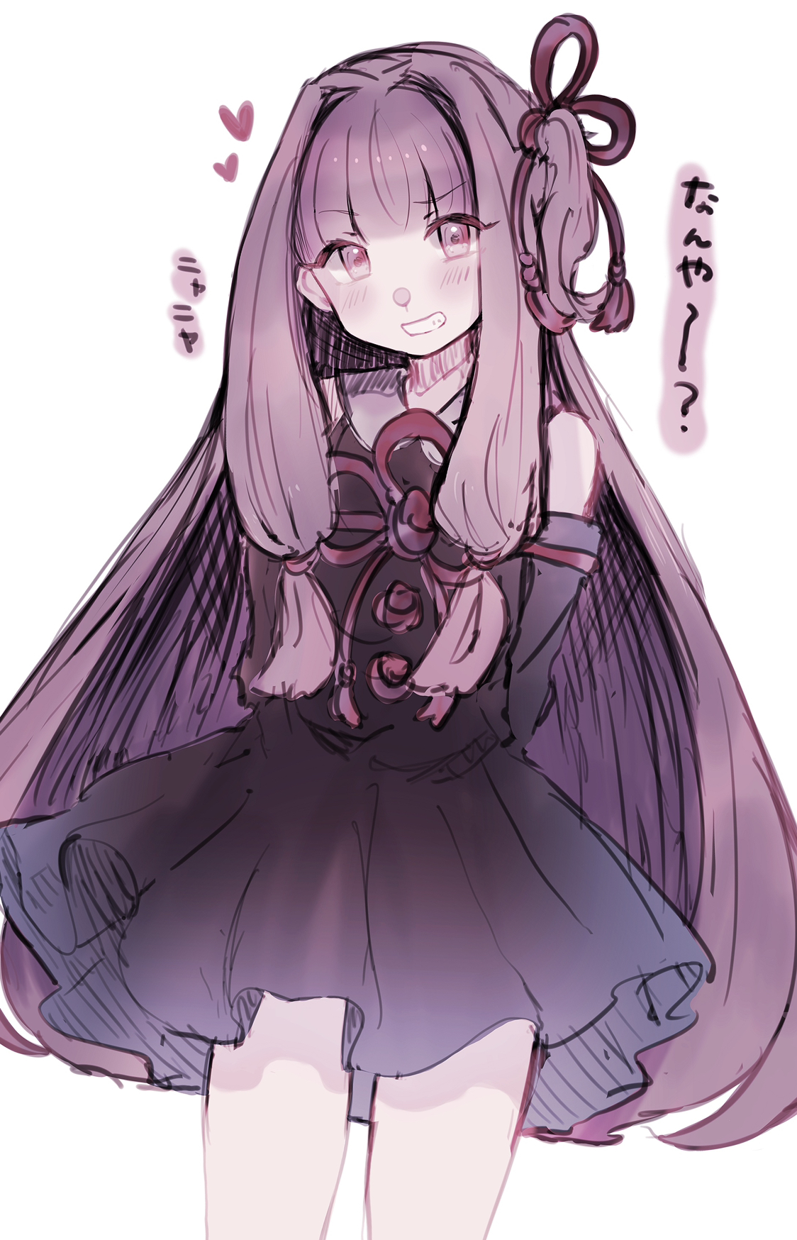 imamiya pinoko, kotonoha akane, voiceroid, highres, translated, 1girl, arms behind back, grin, heart, long hair, pink eyes, pink hair, smile, smirk, solo, white background